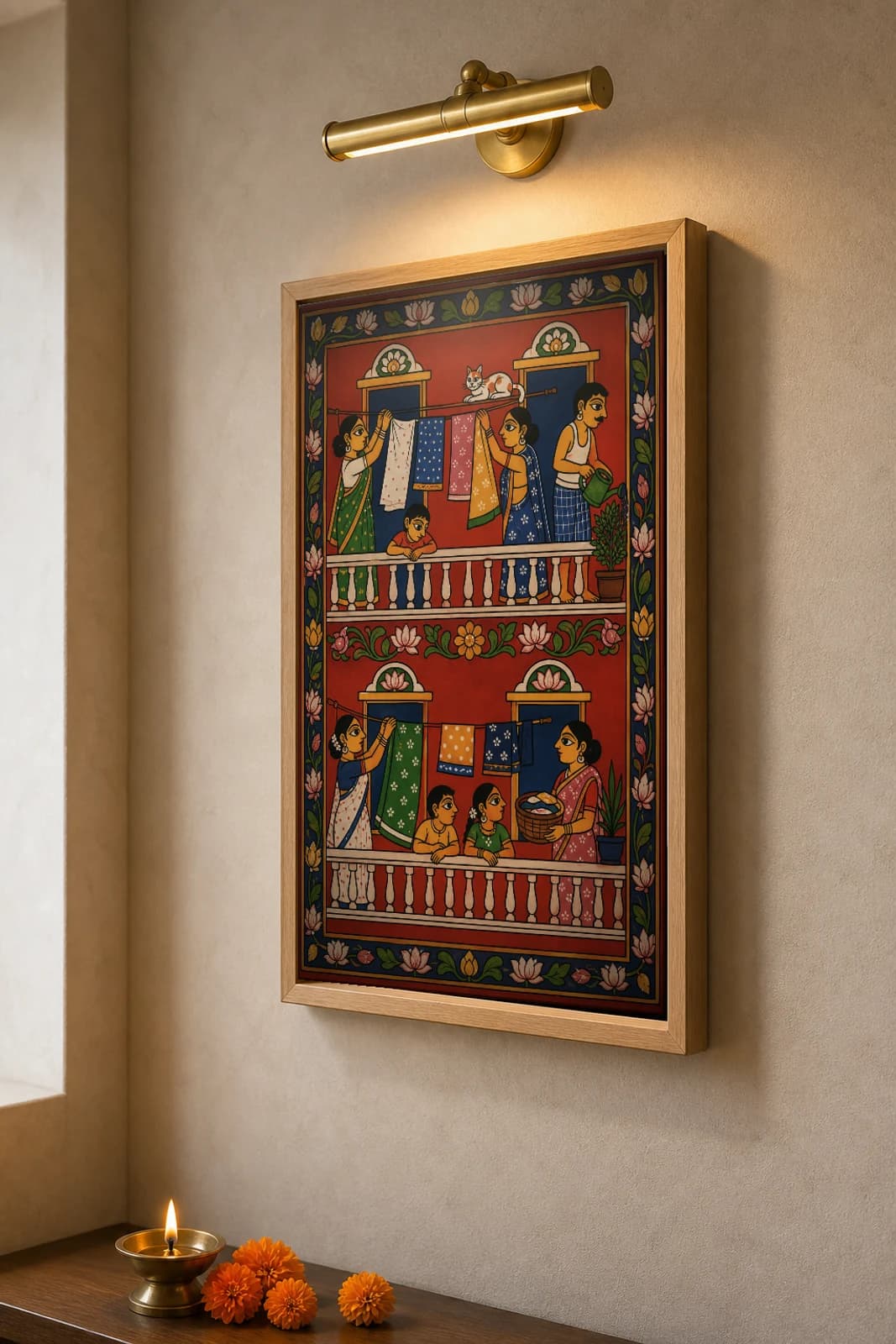 Antillo Life Cheriyal Fusion Print — Two Stacked Apartment Balconies of Everyday City Life in Nakashi Folk Grammar on a Vermilion Ground — the framed print shown at a three-quarter angle on a styled gallery wall in a natural-oak frame