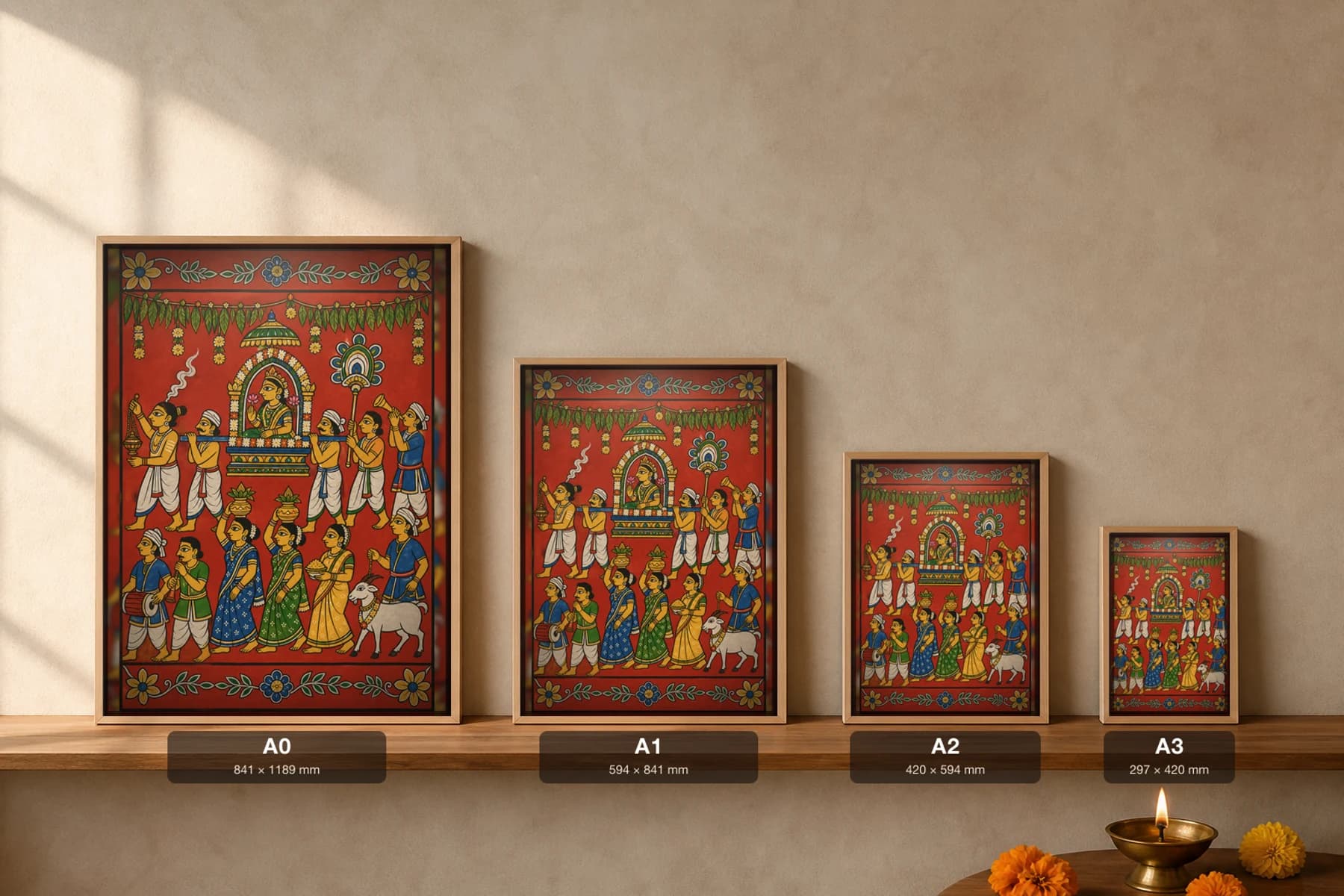 Gramadevata Ooregimpu Cheriyal Fusion Print — A Deccani Village Goddess Borne Through Her Streets, Nakashi Folk Grammar on a Vermilion Ground — print size guide showing the artwork at A0, A1, A2 and A3 in natural-oak frames at true relative scale