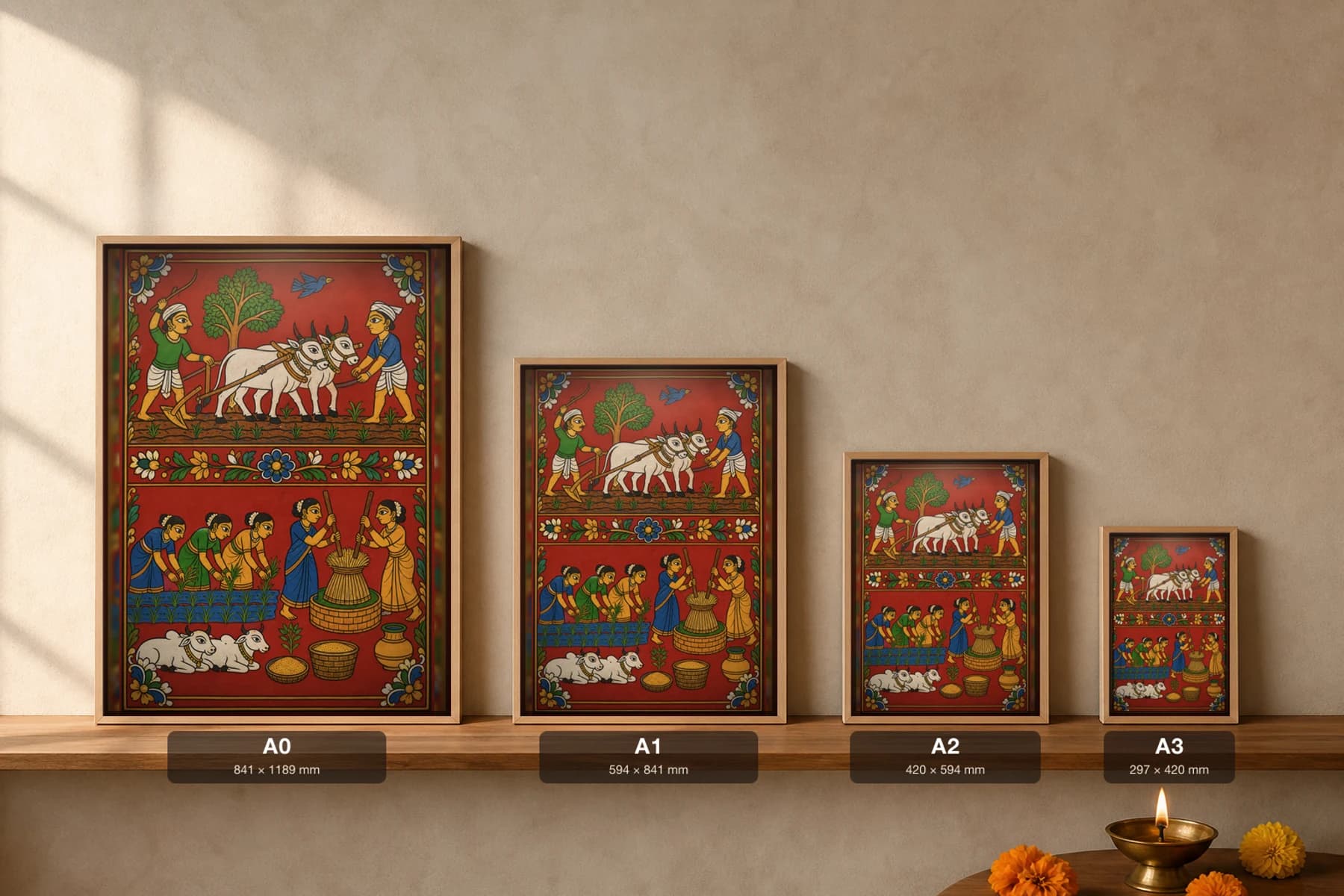Vari Harvest Cheriyal Scroll Print — Telangana Paddy-Farming Life in Two Stacked Field Registers, Nakashi Folk Grammar on a Vermilion Ground — print size guide showing the artwork at A0, A1, A2 and A3 in natural-oak frames at true relative scale