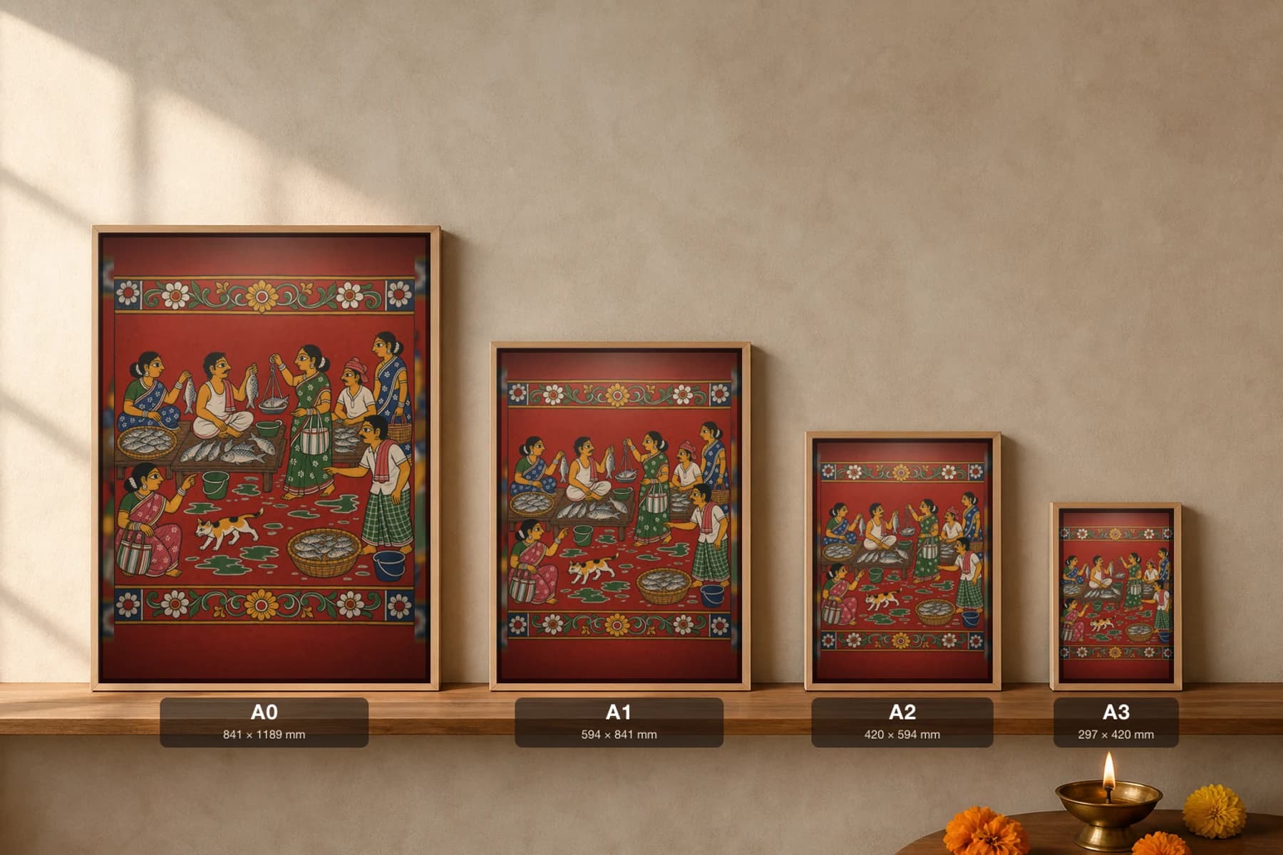 Chepala Market Cheriyal Fusion Print — A Morning Wet Fish Market with Hand-Scale, Baskets and a Cat, Nakashi Folk Grammar on a Vermilion Ground — print size guide showing the artwork at A0, A1, A2 and A3 in natural-oak frames at true relative scale