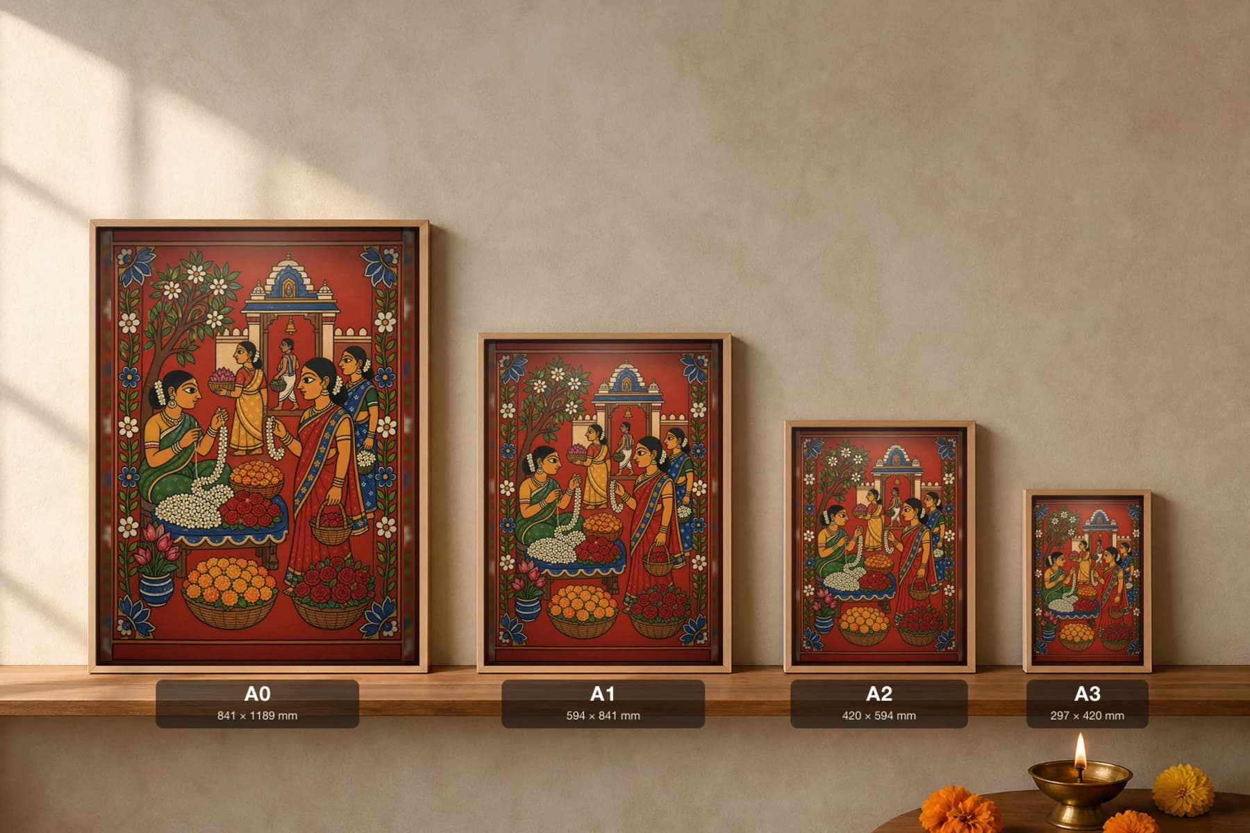Poola Market Cheriyal Fusion Print — A Morning Flower Seller Stringing Jasmine at a Temple Gate, Nakashi Folk Grammar on a Vermilion Ground — print size guide showing the artwork at A0, A1, A2 and A3 in natural-oak frames at true relative scale