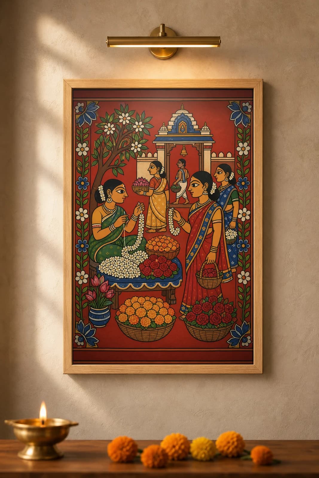 Temple-Gate Flower Stall — framed museum print, Cheriyal