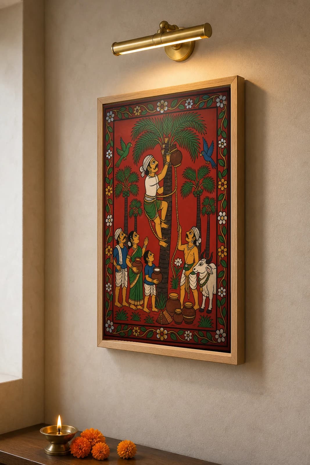 Goud Toddy Tapper Cheriyal Scroll Print — A Palmyra Climber of the Goud Community in Nakashi Folk Grammar on a Vermilion Ground — the framed print shown at a three-quarter angle on a styled gallery wall in a natural-oak frame