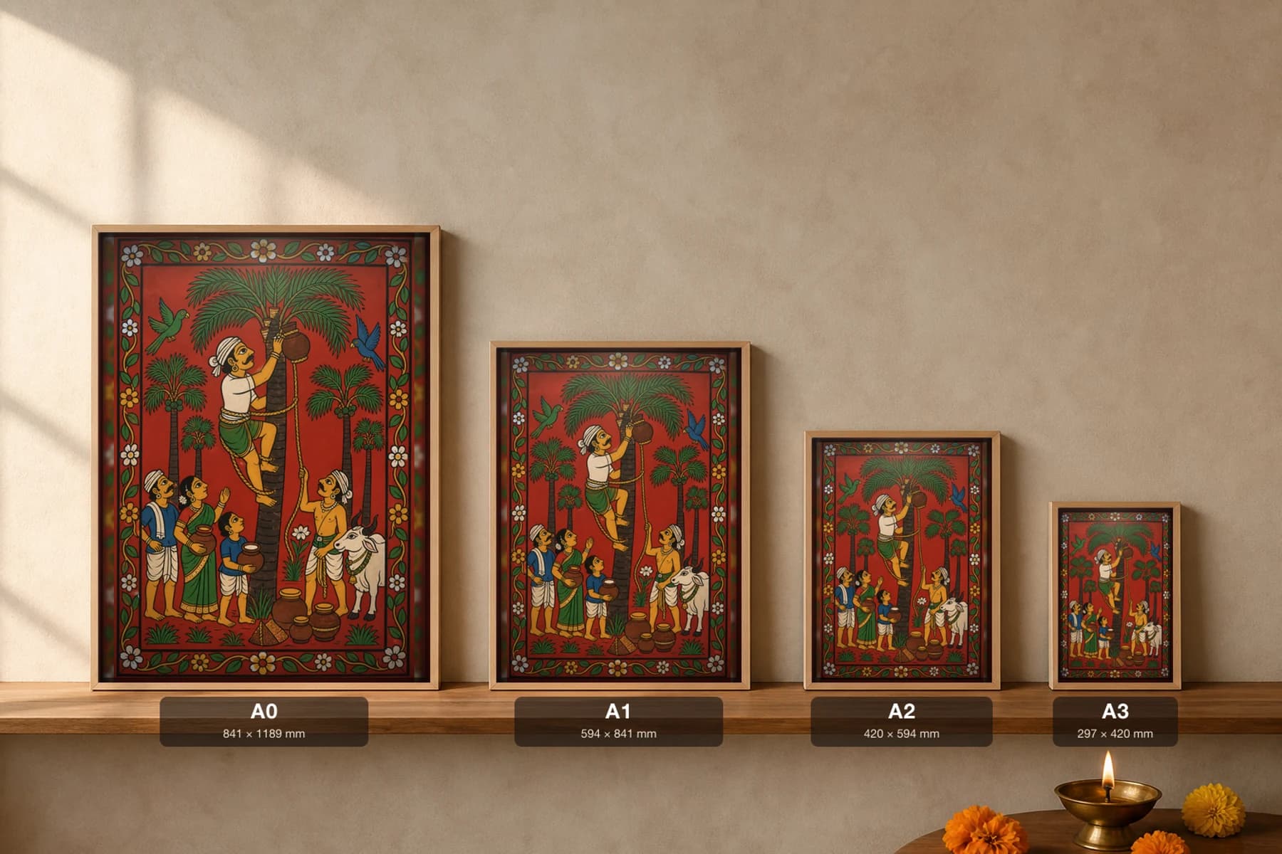 Goud Toddy Tapper Cheriyal Scroll Print — A Palmyra Climber of the Goud Community in Nakashi Folk Grammar on a Vermilion Ground — print size guide showing the artwork at A0, A1, A2 and A3 in natural-oak frames at true relative scale