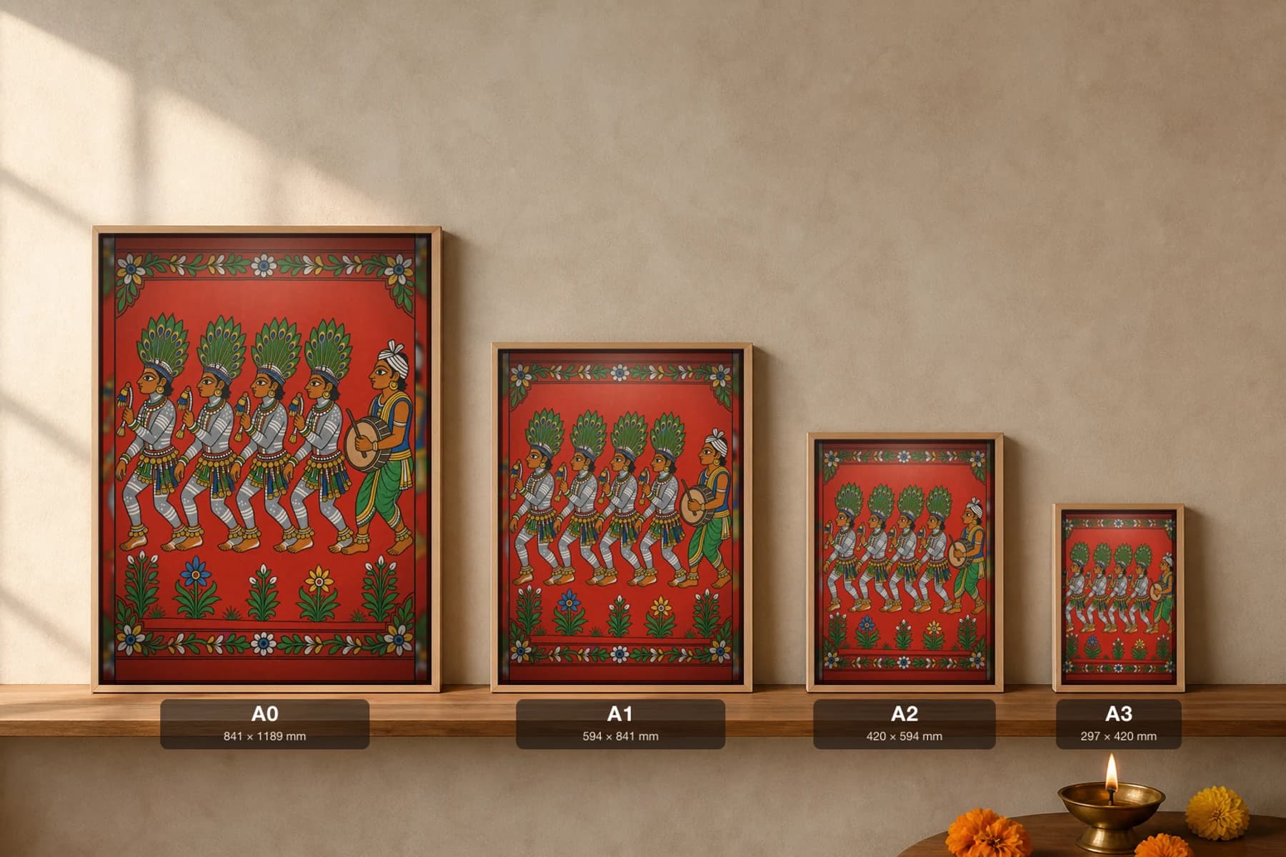 Gussadi Dancers Cheriyal Fusion Print — Raj Gond Dandari Dancers in Peacock-Feather Headdresses, Nakashi Folk Grammar on a Vermilion Ground — print size guide showing the artwork at A0, A1, A2 and A3 in natural-oak frames at true relative scale