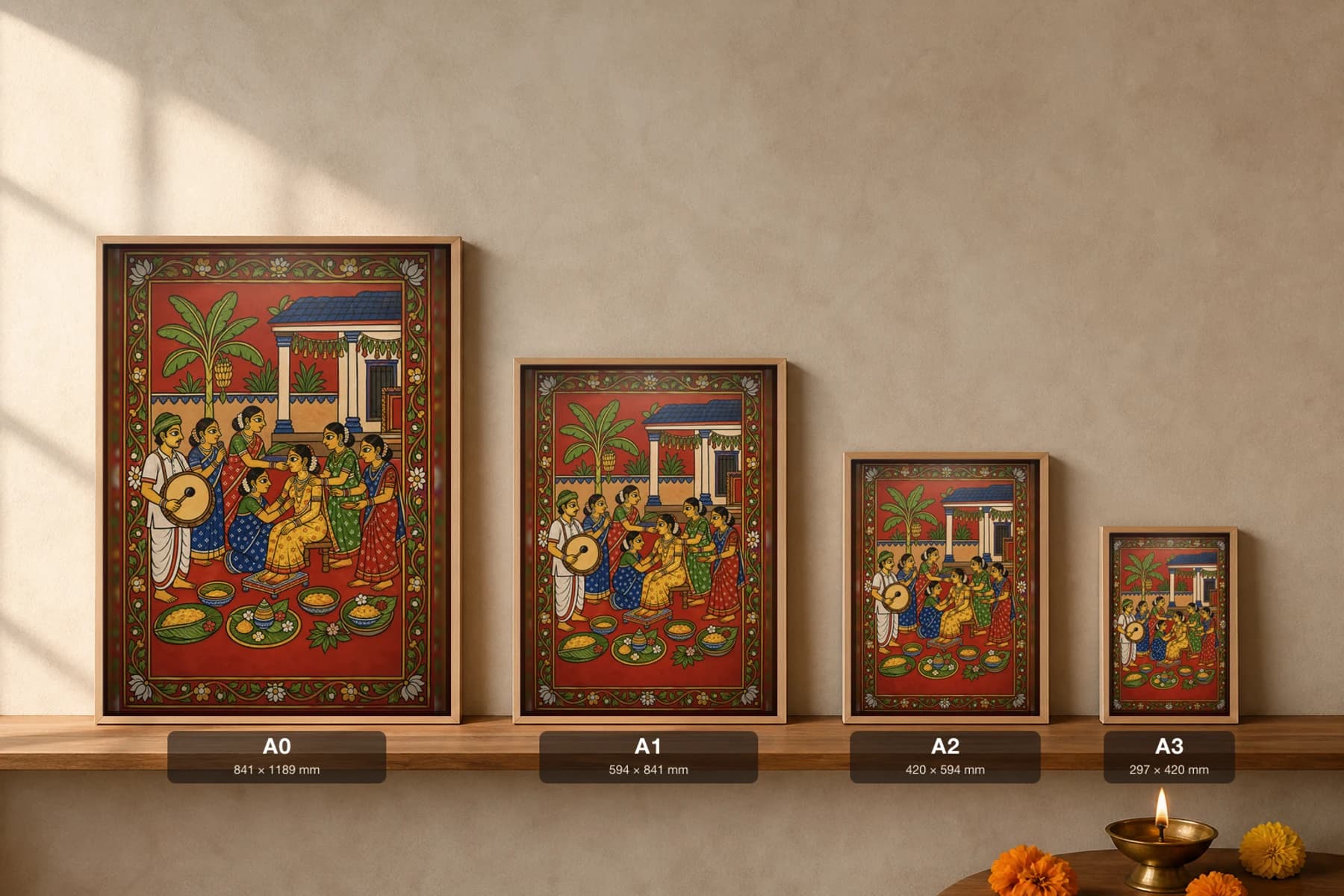 Haldi Veduka Cheriyal Fusion Print — A Pre-Wedding Turmeric Ceremony in a Courtyard, Nakashi Folk Grammar on a Vermilion Ground — print size guide showing the artwork at A0, A1, A2 and A3 in natural-oak frames at true relative scale