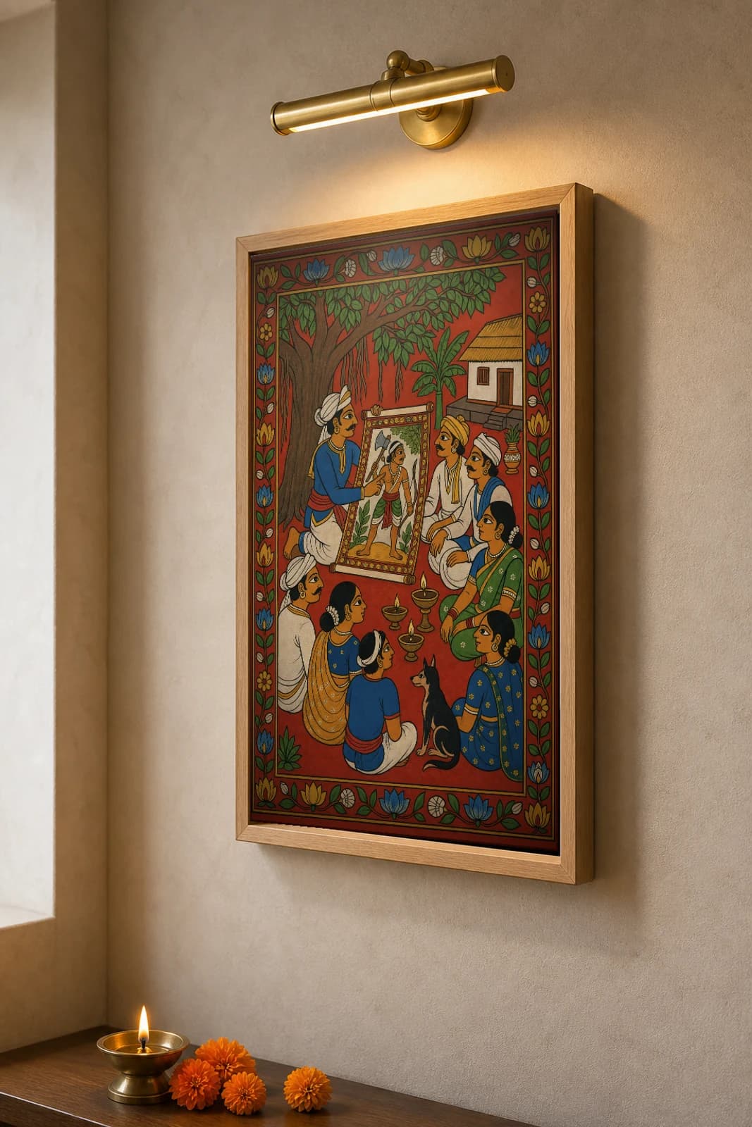 Komaram Bheem Katha Cheriyal Fusion Print — A Village Bard Telling the Gond Hero's Story from a Painted Scroll, Nakashi Folk Grammar on a Vermilion Ground — the framed print shown at a three-quarter angle on a styled gallery wall in a natural-oak frame