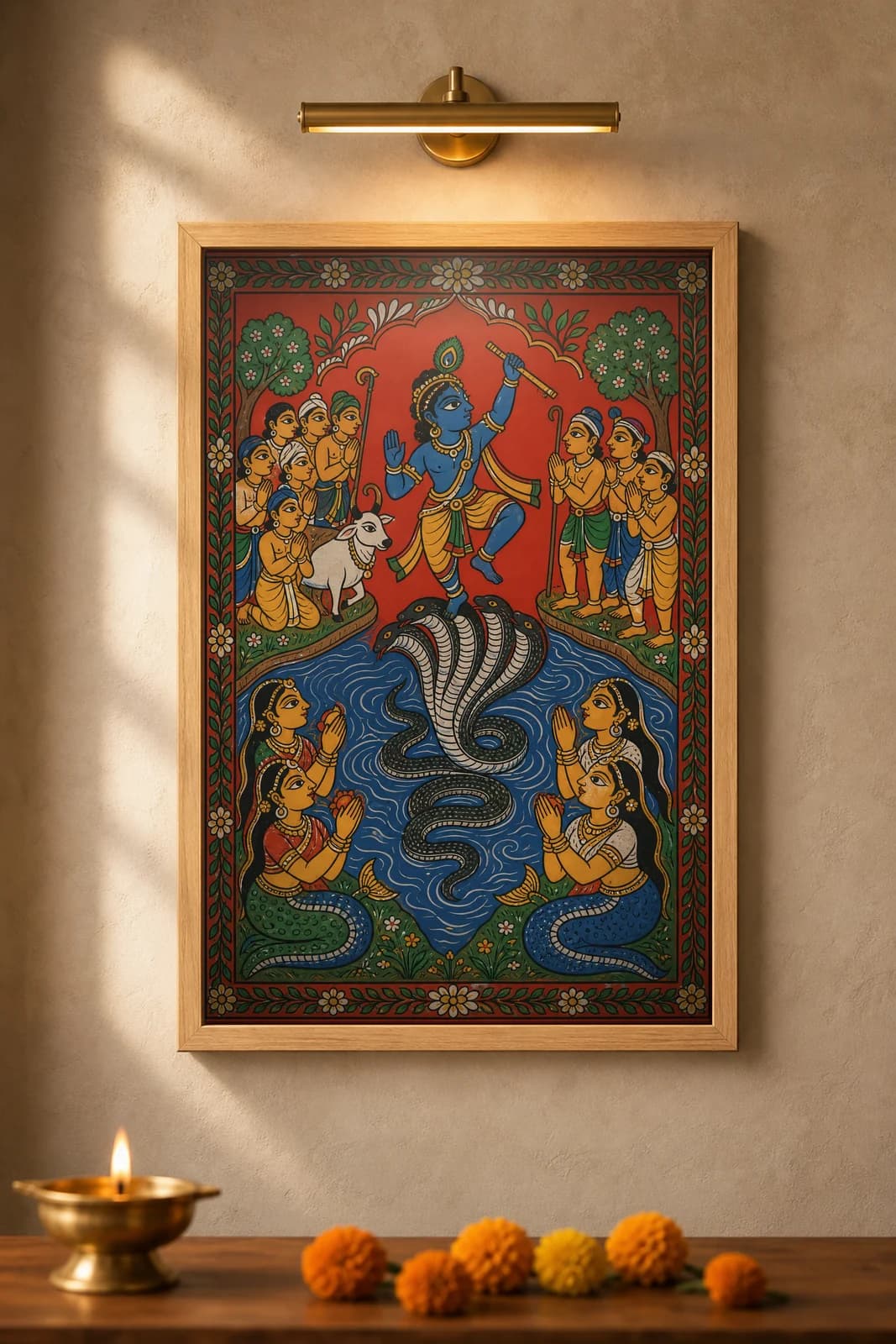 Krishna Subdues Kaliya — framed museum print, Cheriyal