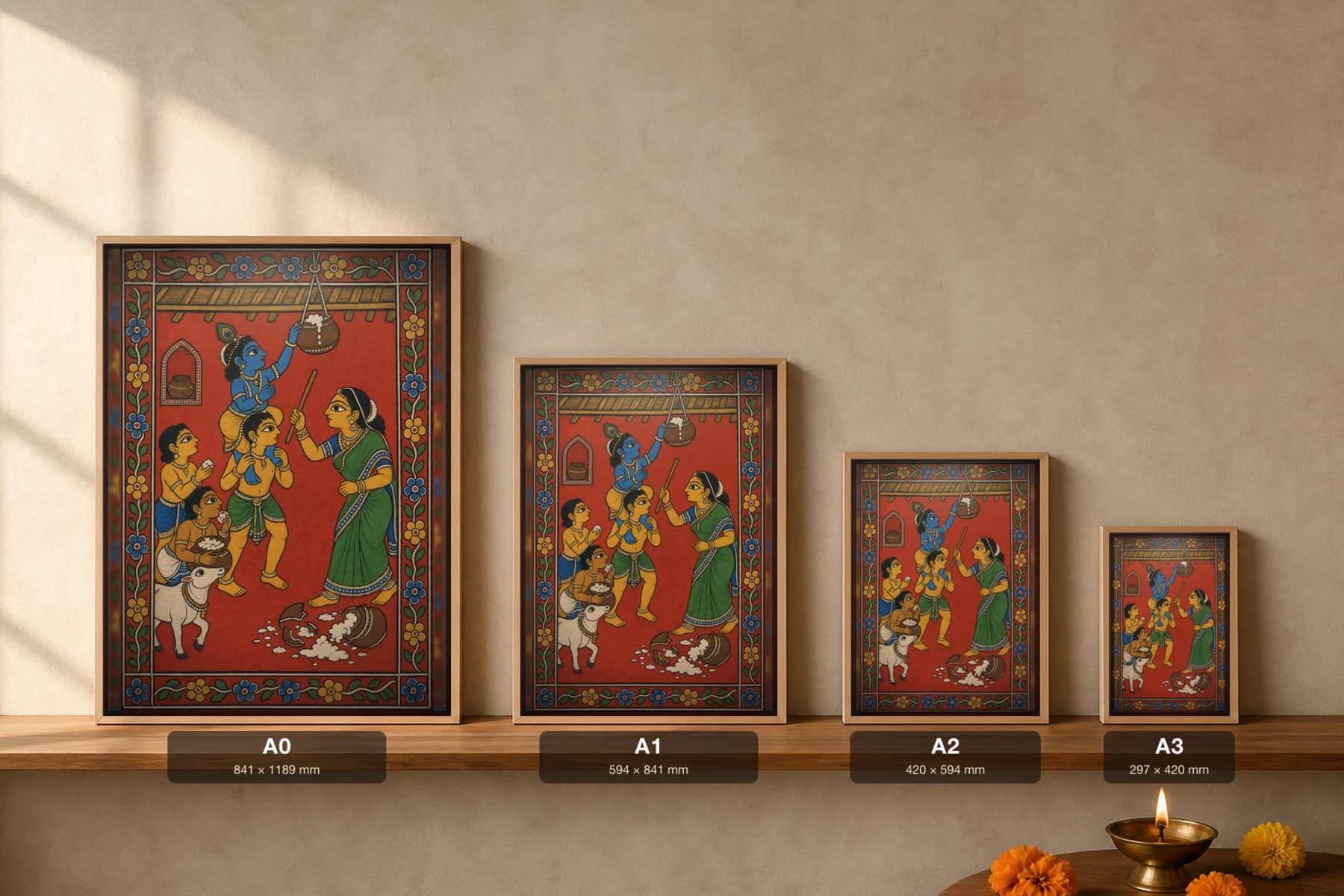 Makhan Chor Cheriyal Scroll Print — Baby Krishna Stealing Butter as Yashoda Approaches, Nakashi Folk Grammar on a Vermilion Ground — print size guide showing the artwork at A0, A1, A2 and A3 in natural-oak frames at true relative scale