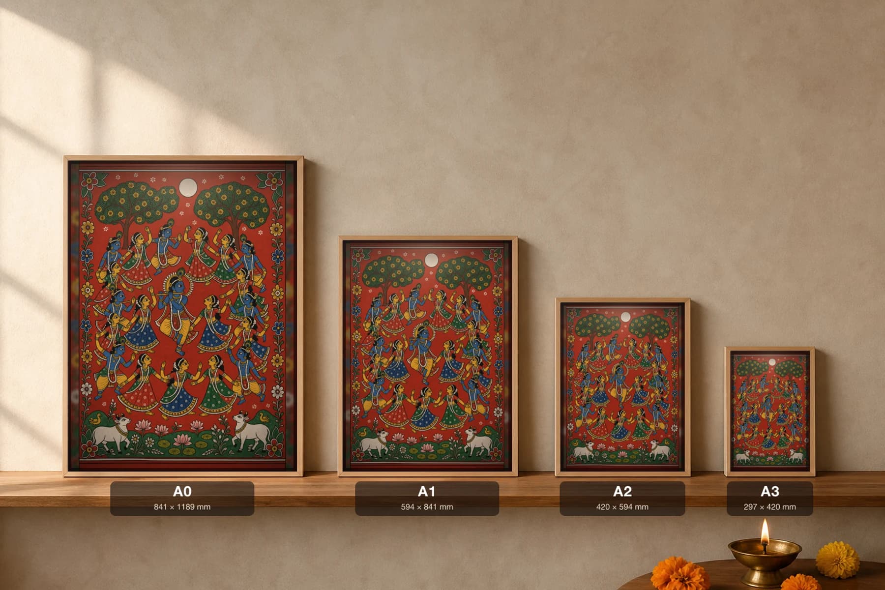 Rasa Lila Cheriyal Scroll Print — Krishna's Autumn-Moon Circle Dance with the Gopis, Nakashi Folk Grammar on a Vermilion Ground — print size guide showing the artwork at A0, A1, A2 and A3 in natural-oak frames at true relative scale