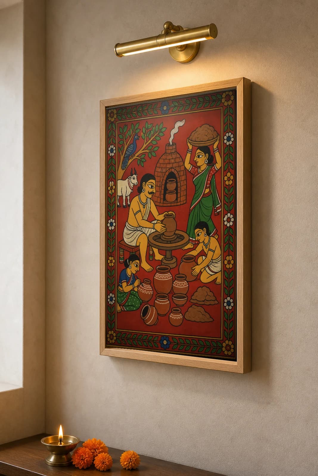 Kummari Potter Cheriyal Scroll Print — A Potter of the Kummari Community at His Wheel by the Kiln, Nakashi Folk Grammar on a Vermilion Ground — the framed print shown at a three-quarter angle on a styled gallery wall in a natural-oak frame