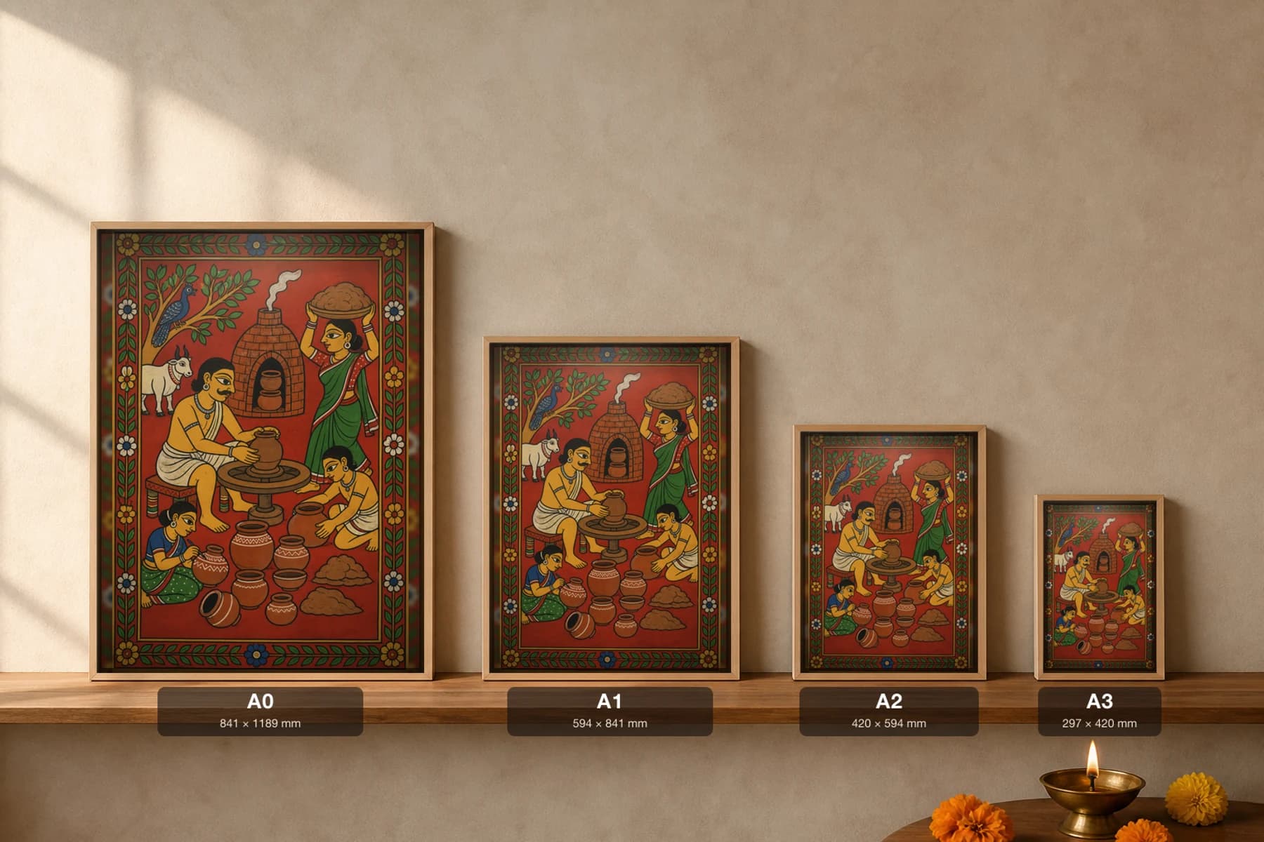 Kummari Potter Cheriyal Scroll Print — A Potter of the Kummari Community at His Wheel by the Kiln, Nakashi Folk Grammar on a Vermilion Ground — print size guide showing the artwork at A0, A1, A2 and A3 in natural-oak frames at true relative scale