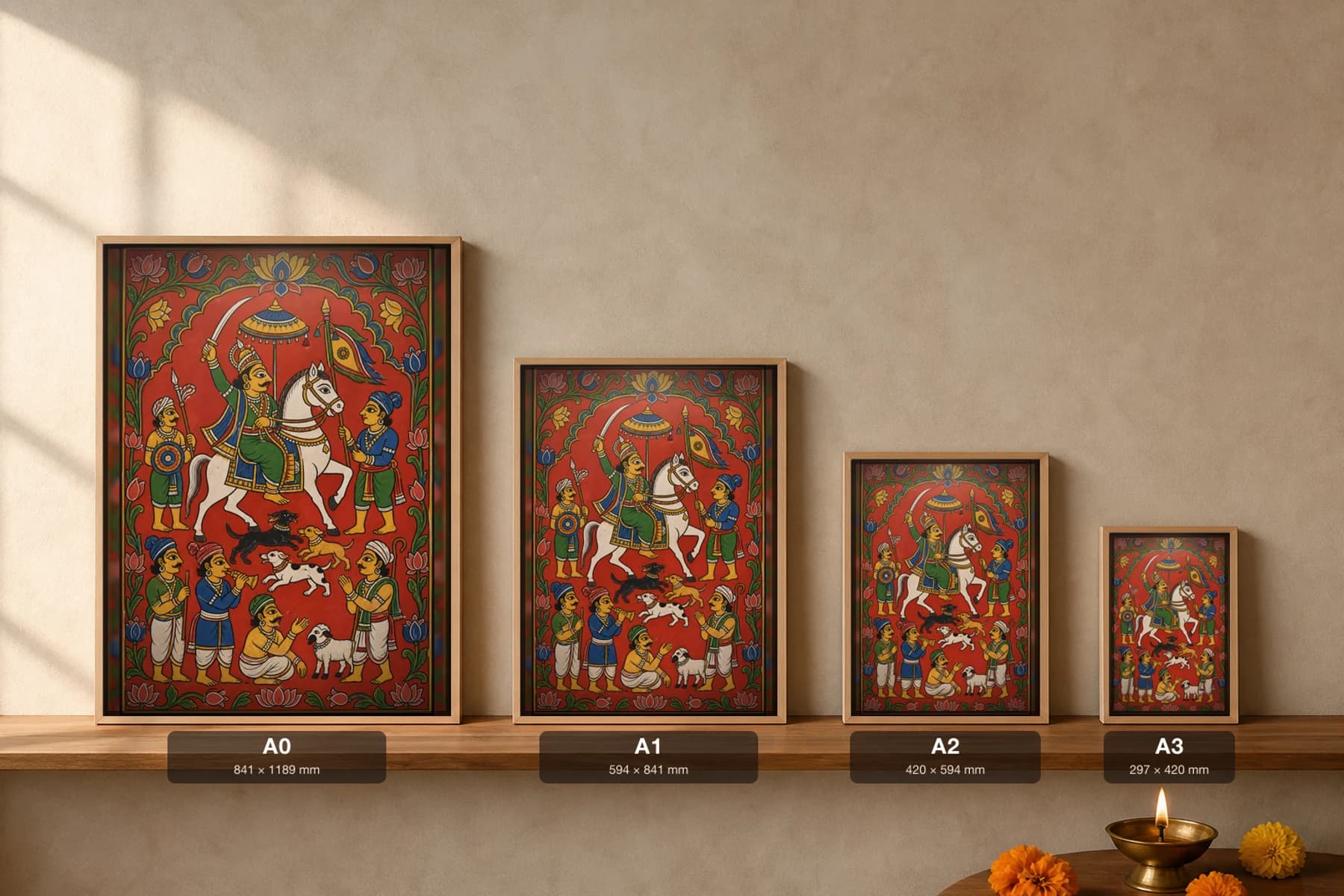Mailara Deva Cheriyal Scroll Print — The Shepherd Folk-God on His White Horse, Nakashi Folk Grammar on a Vermilion Ground — print size guide showing the artwork at A0, A1, A2 and A3 in natural-oak frames at true relative scale