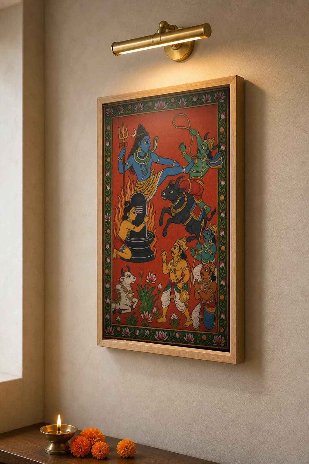 Markandeya and Yama Cheriyal Scroll Print — Shiva bursts the lingam to save his devotee · collector edition on vermilion ground · Nakashi scroll grammar from Telangana — the framed print shown at a three-quarter angle on a styled gallery wall in a natural-oak frame