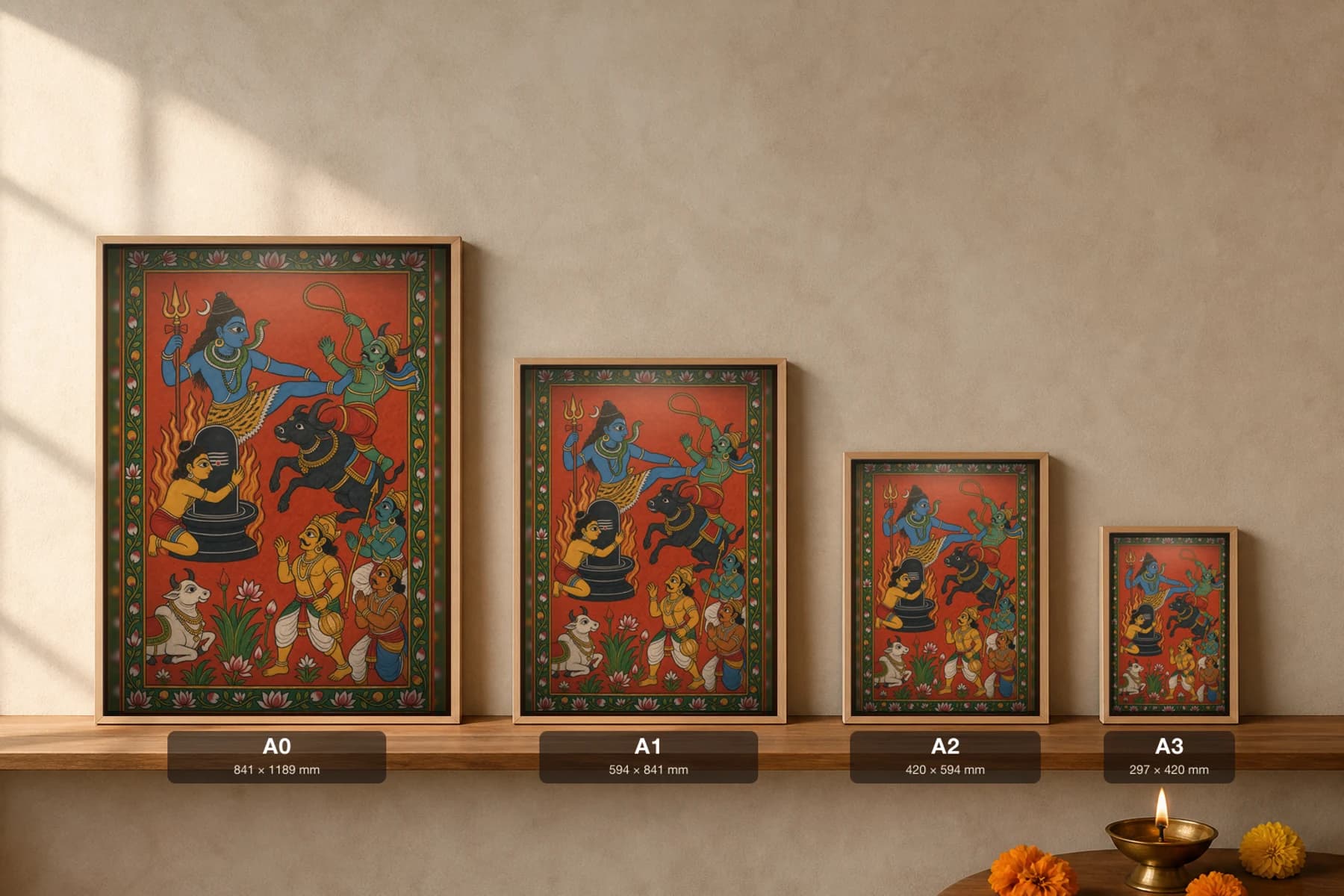 Markandeya and Yama Cheriyal Scroll Print — Shiva bursts the lingam to save his devotee · collector edition on vermilion ground · Nakashi scroll grammar from Telangana — print size guide showing the artwork at A0, A1, A2 and A3 in natural-oak frames at true relative scale