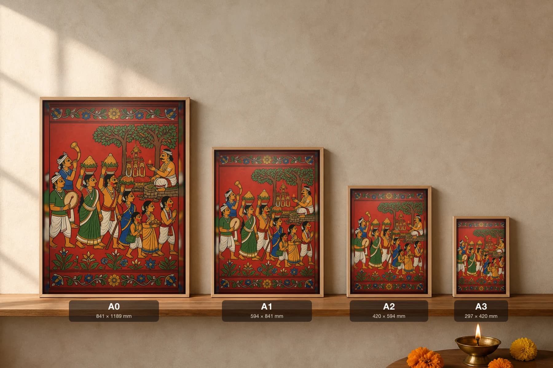 Medaram Sammakka-Saralamma Jatara Cheriyal Print — bangaram offerings carried to the forest shrine · collector edition on vermilion ground · Nakashi scroll grammar from Telangana — print size guide showing the artwork at A0, A1, A2 and A3 in natural-oak frames at true relative scale