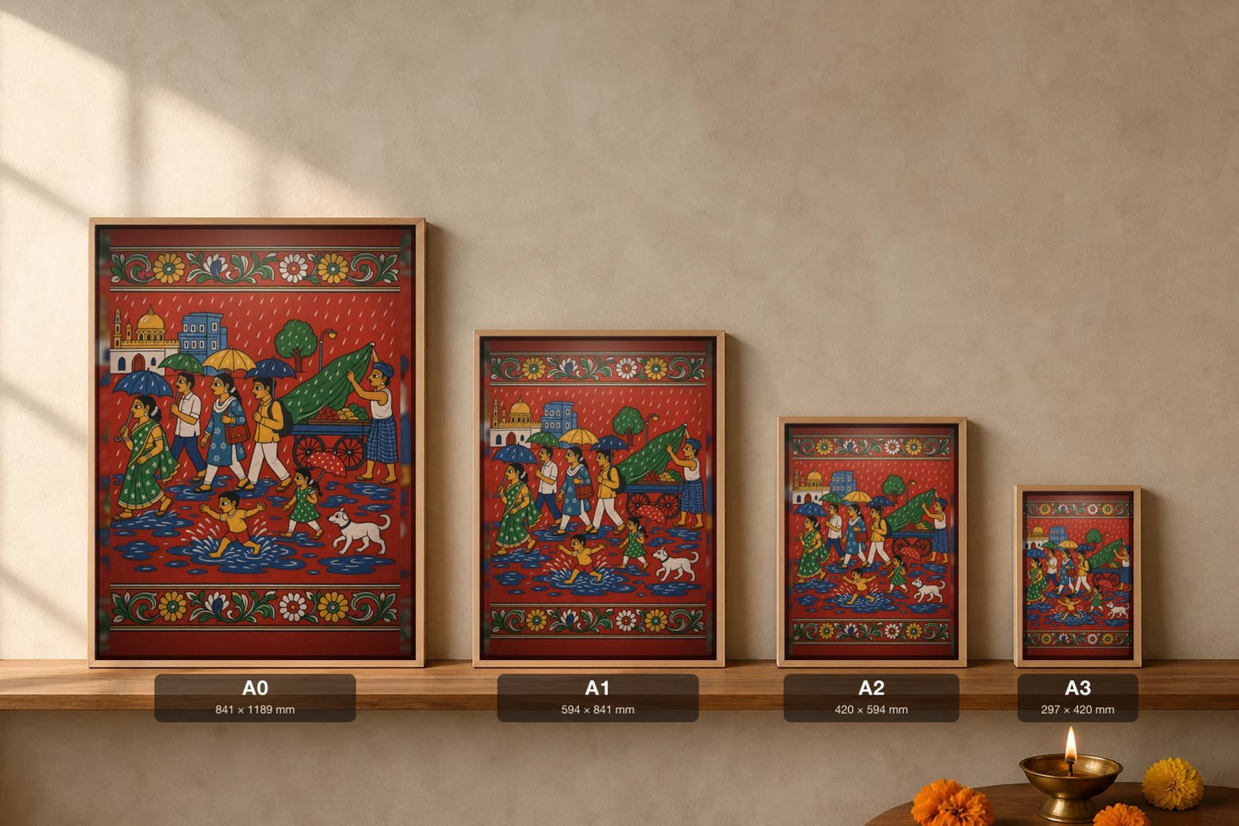 Monsoon Umbrella Street Cheriyal Print — a Telangana town in the rain, umbrellas and a fruit cart · collector edition on vermilion ground · Nakashi scroll grammar from Telangana — print size guide showing the artwork at A0, A1, A2 and A3 in natural-oak frames at true relative scale