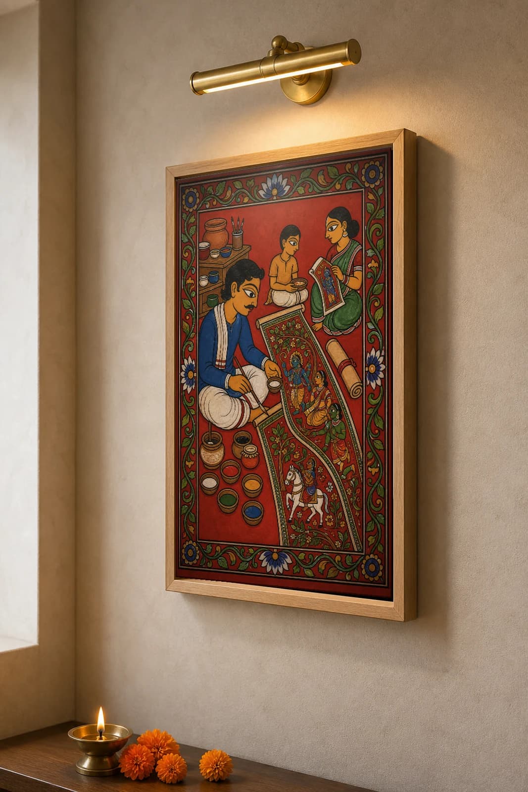 Nakashi Scroll Painter Cheriyal Print — the artist family at work, a half-painted scroll across their laps · collector edition on vermilion ground · Nakashi scroll grammar from Telangana — the framed print shown at a three-quarter angle on a styled gallery wall in a natural-oak frame