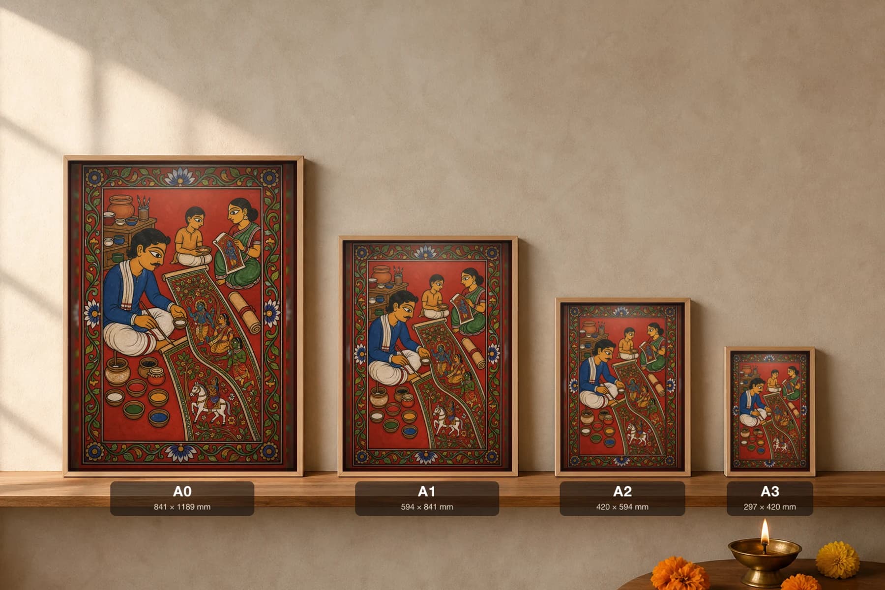 Nakashi Scroll Painter Cheriyal Print — the artist family at work, a half-painted scroll across their laps · collector edition on vermilion ground · Nakashi scroll grammar from Telangana — print size guide showing the artwork at A0, A1, A2 and A3 in natural-oak frames at true relative scale