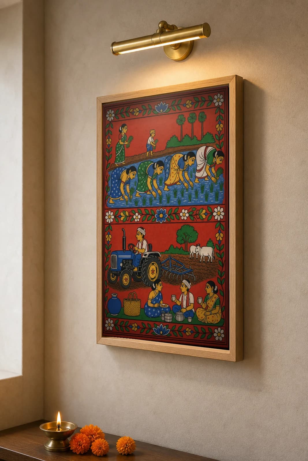 Paddy Transplant Women Cheriyal Print — a row of women planting nursery rice above a tractor and a field lunch · collector edition on vermilion ground · Nakashi scroll grammar from Telangana — the framed print shown at a three-quarter angle on a styled gallery wall in a natural-oak frame