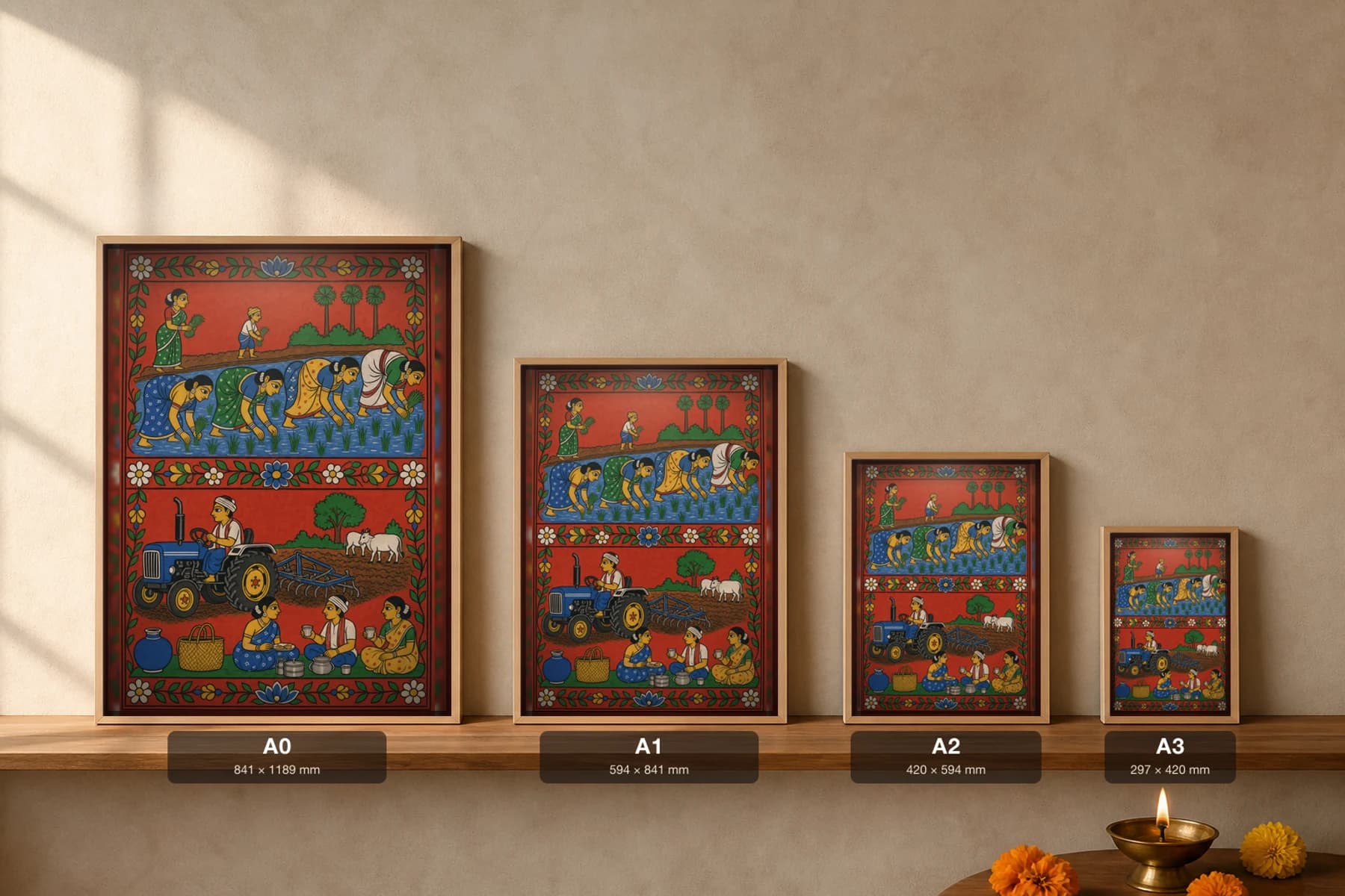 Paddy Transplant Women Cheriyal Print — a row of women planting nursery rice above a tractor and a field lunch · collector edition on vermilion ground · Nakashi scroll grammar from Telangana — print size guide showing the artwork at A0, A1, A2 and A3 in natural-oak frames at true relative scale