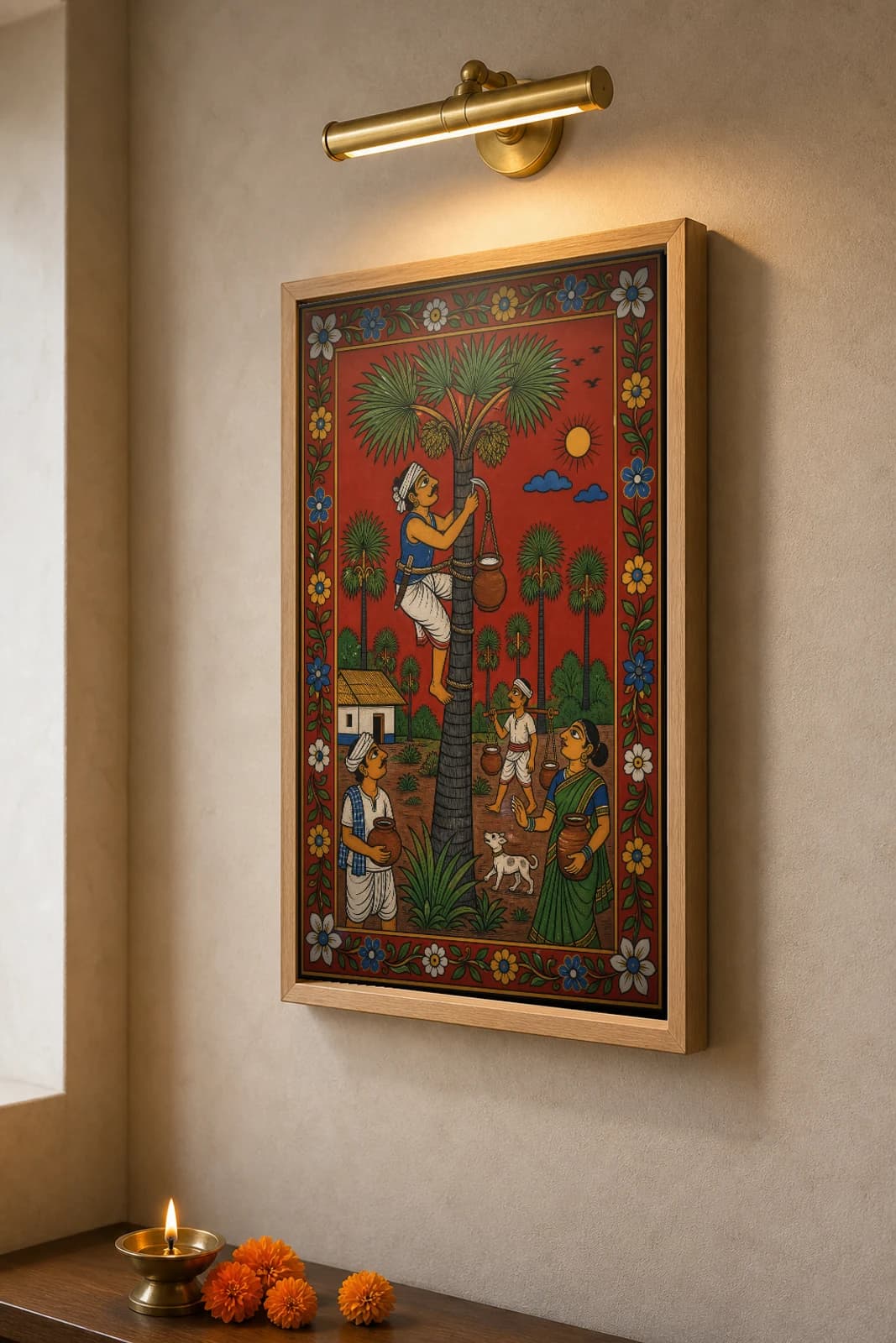 Palm Toddy Gatherer Cheriyal Print — a tapper climbing the palmyra at sunrise to collect kallu · collector edition on vermilion ground · Nakashi scroll grammar from Telangana — the framed print shown at a three-quarter angle on a styled gallery wall in a natural-oak frame