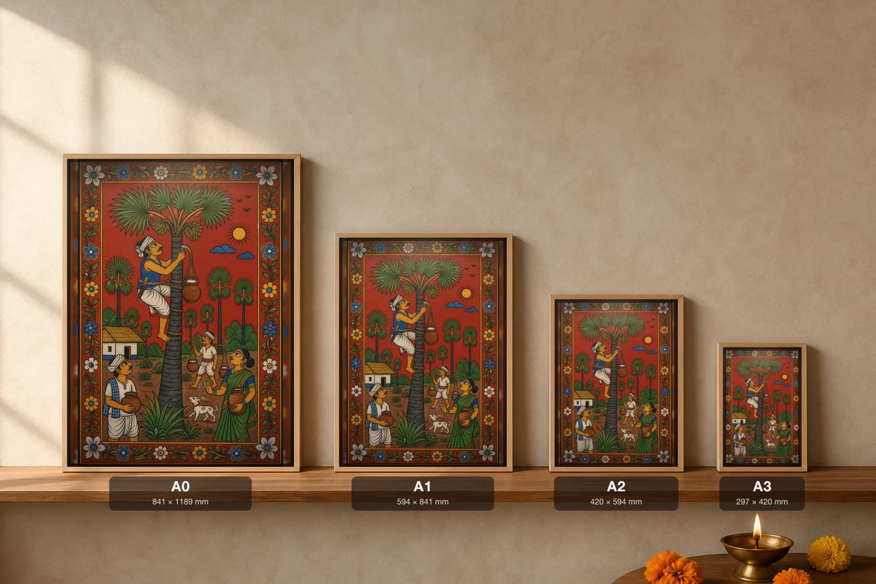 Palm Toddy Gatherer Cheriyal Print — a tapper climbing the palmyra at sunrise to collect kallu · collector edition on vermilion ground · Nakashi scroll grammar from Telangana — print size guide showing the artwork at A0, A1, A2 and A3 in natural-oak frames at true relative scale