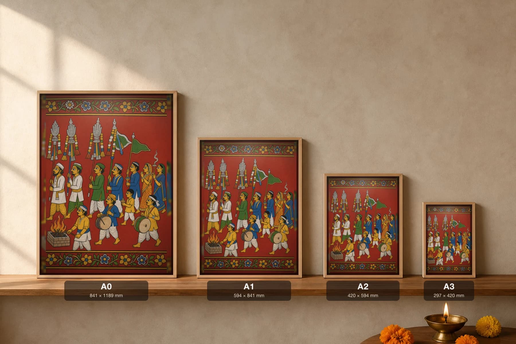 Peerla Panduga Cheriyal Print — the village Moharram procession of alams, drums and the fire-pit · collector edition on vermilion ground · Nakashi scroll grammar from Telangana — print size guide showing the artwork at A0, A1, A2 and A3 in natural-oak frames at true relative scale