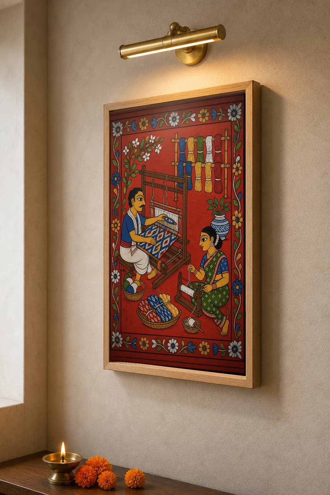 Pochampally Ikat Weaver Cheriyal Print — the loom weaving a blue ikat saree, dyed yarn hanging above · collector edition on vermilion ground · Nakashi scroll grammar from Telangana — the framed print shown at a three-quarter angle on a styled gallery wall in a natural-oak frame
