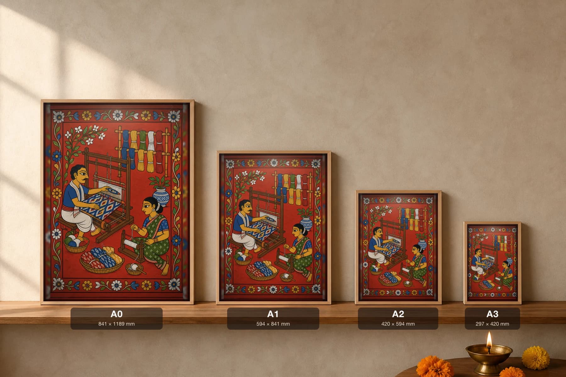 Pochampally Ikat Weaver Cheriyal Print — the loom weaving a blue ikat saree, dyed yarn hanging above · collector edition on vermilion ground · Nakashi scroll grammar from Telangana — print size guide showing the artwork at A0, A1, A2 and A3 in natural-oak frames at true relative scale