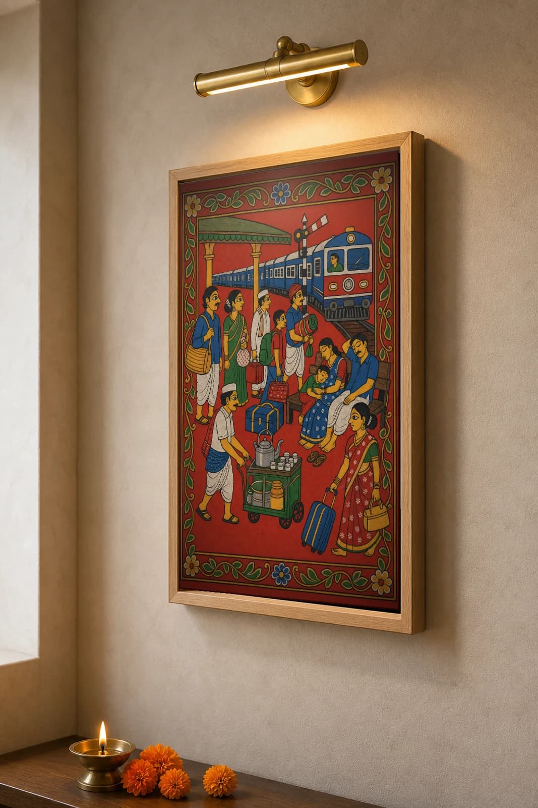 Railway Platform Wait Cheriyal Print — families and a chai cart on the platform as the train pulls in · collector edition on vermilion ground · Nakashi scroll grammar from Telangana — the framed print shown at a three-quarter angle on a styled gallery wall in a natural-oak frame