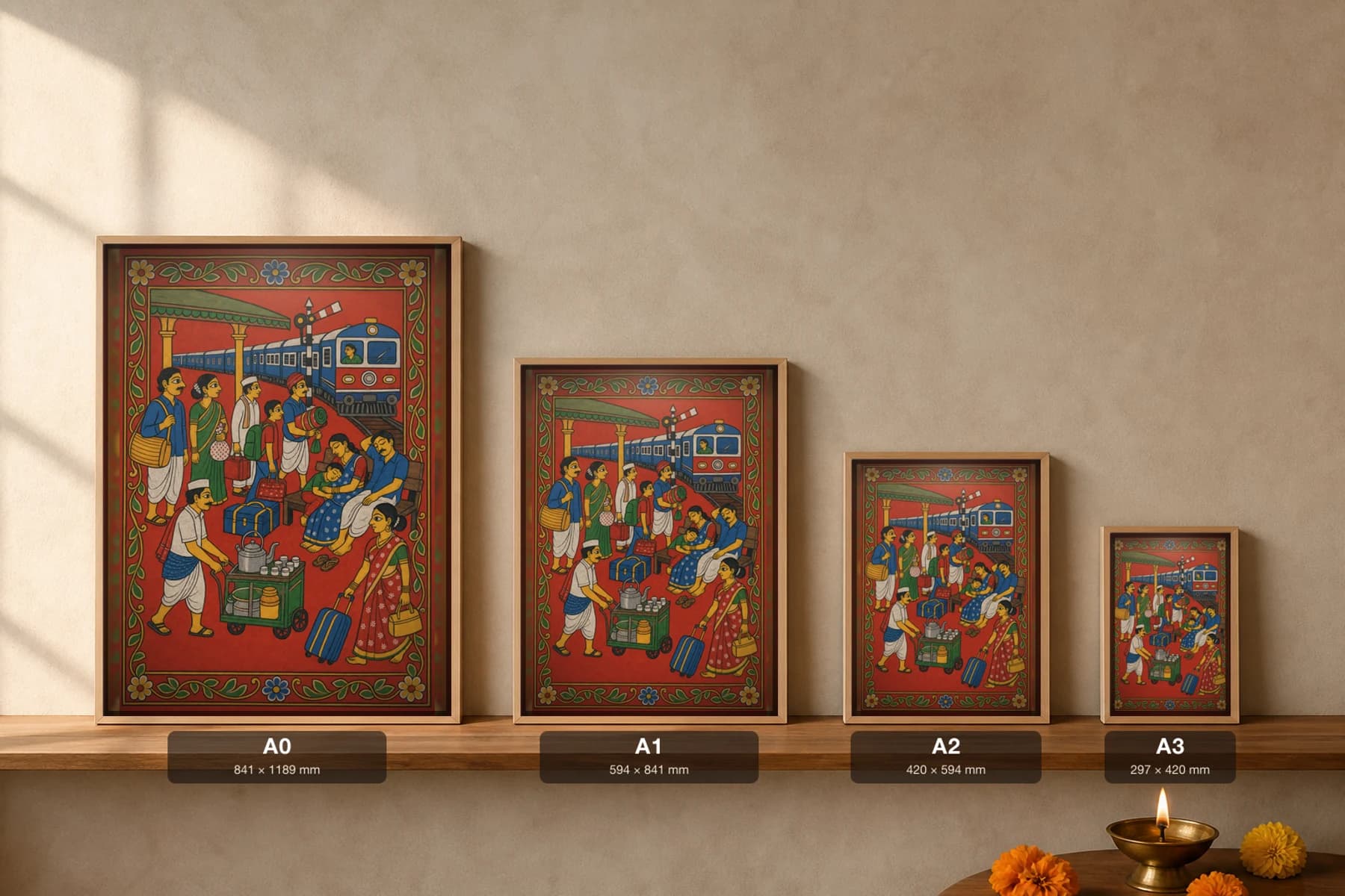 Railway Platform Wait Cheriyal Print — families and a chai cart on the platform as the train pulls in · collector edition on vermilion ground · Nakashi scroll grammar from Telangana — print size guide showing the artwork at A0, A1, A2 and A3 in natural-oak frames at true relative scale