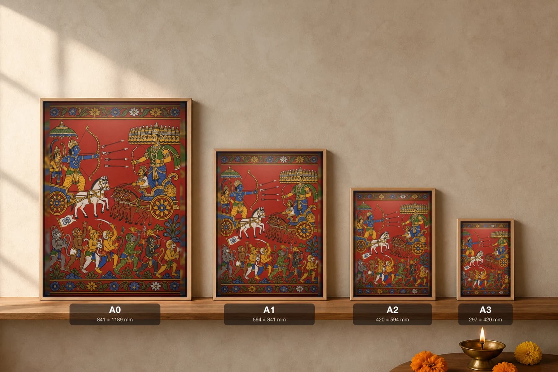 Rama vs Ravana War Cheriyal Print — the chariot duel of the ten-headed king and the vanara army below · collector edition on vermilion ground · Nakashi scroll grammar from Telangana — print size guide showing the artwork at A0, A1, A2 and A3 in natural-oak frames at true relative scale