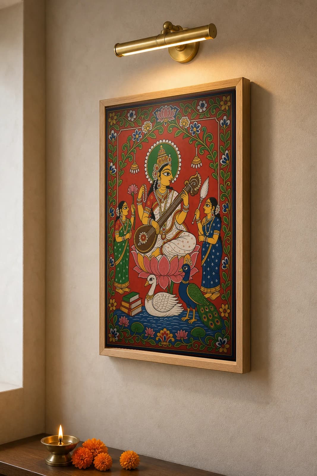 Saraswati with the Veena Cheriyal Print — the goddess of learning on a lotus with swan and peacock · collector edition on vermilion ground · Nakashi scroll grammar from Telangana — the framed print shown at a three-quarter angle on a styled gallery wall in a natural-oak frame