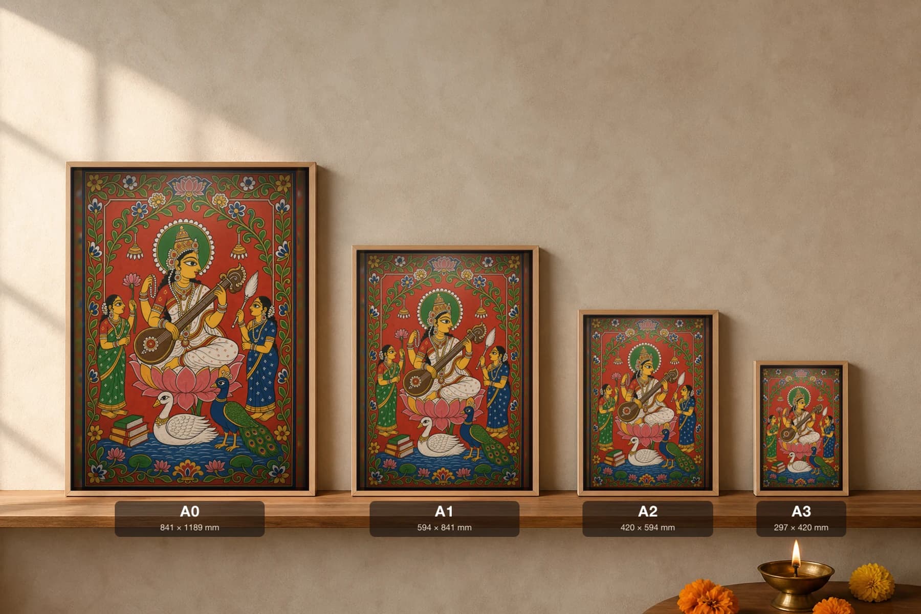 Saraswati with the Veena Cheriyal Print — the goddess of learning on a lotus with swan and peacock · collector edition on vermilion ground · Nakashi scroll grammar from Telangana — print size guide showing the artwork at A0, A1, A2 and A3 in natural-oak frames at true relative scale