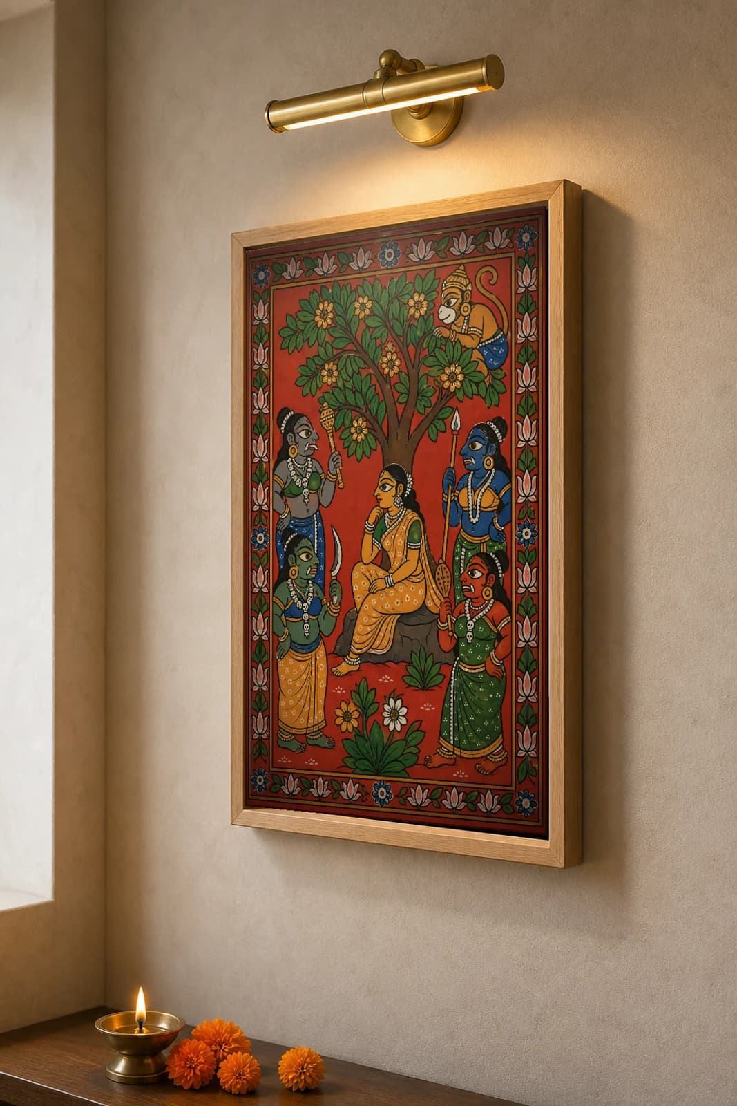 Sita in the Ashoka Vatika Cheriyal Print — the captive queen under the tree, guarded by rakshasis, Hanuman watching above · collector edition on vermilion ground · Nakashi scroll grammar from Telangana — the framed print shown at a three-quarter angle on a styled gallery wall in a natural-oak frame