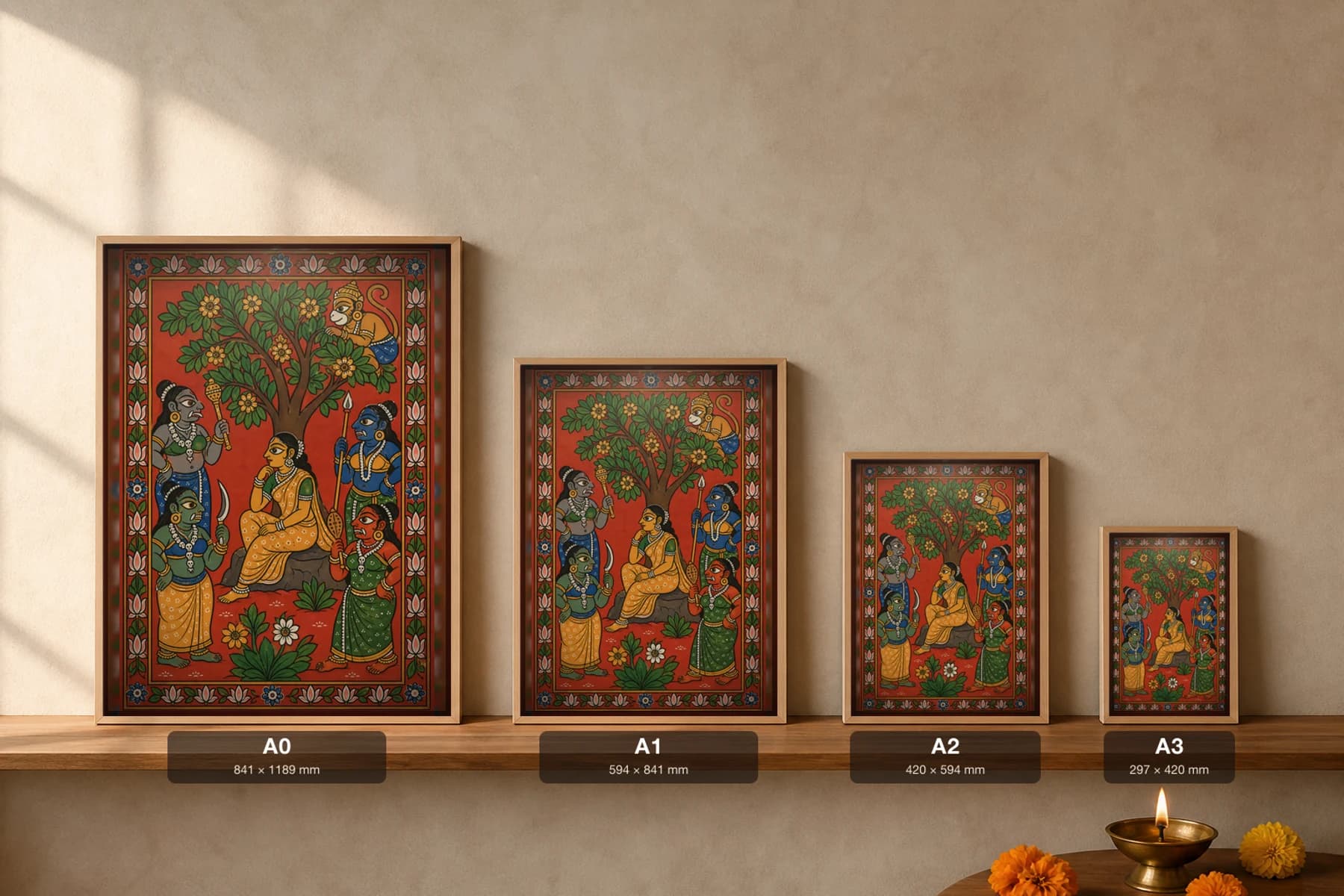 Sita in the Ashoka Vatika Cheriyal Print — the captive queen under the tree, guarded by rakshasis, Hanuman watching above · collector edition on vermilion ground · Nakashi scroll grammar from Telangana — print size guide showing the artwork at A0, A1, A2 and A3 in natural-oak frames at true relative scale