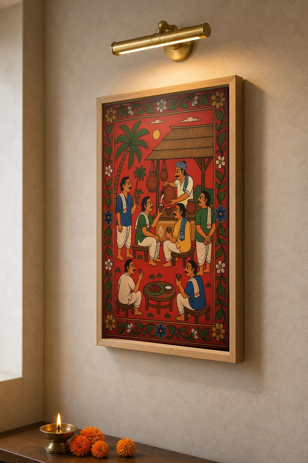 Toddy Shop Evening Cheriyal Print — friends gathered at the thatched kallu shed at dusk · collector edition on vermilion ground · Nakashi scroll grammar from Telangana — the framed print shown at a three-quarter angle on a styled gallery wall in a natural-oak frame