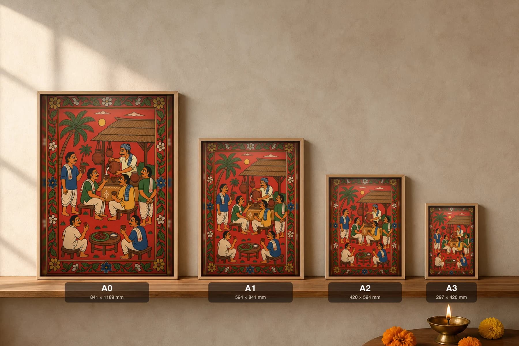 Toddy Shop Evening Cheriyal Print — friends gathered at the thatched kallu shed at dusk · collector edition on vermilion ground · Nakashi scroll grammar from Telangana — print size guide showing the artwork at A0, A1, A2 and A3 in natural-oak frames at true relative scale