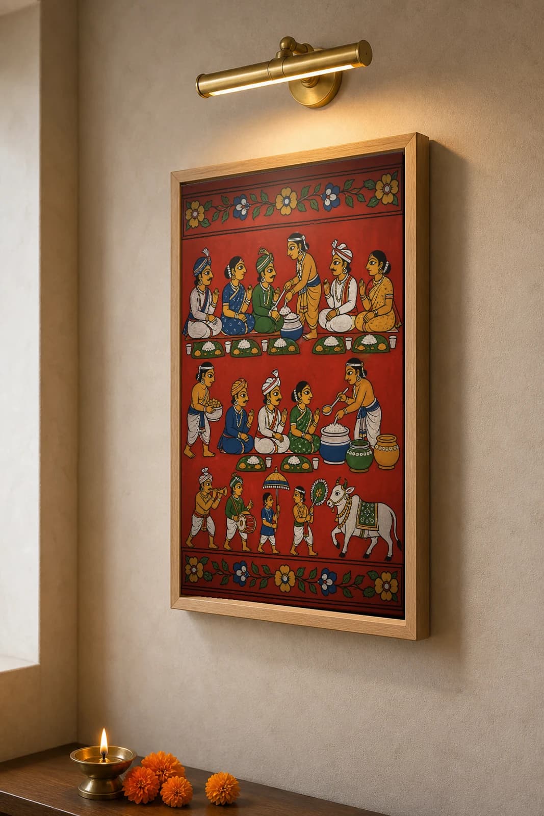 Village Wedding Feast Cheriyal Print — guests seated in rows as servers ladle rice from pots, drummers below · collector edition on vermilion ground · Nakashi scroll grammar from Telangana — the framed print shown at a three-quarter angle on a styled gallery wall in a natural-oak frame