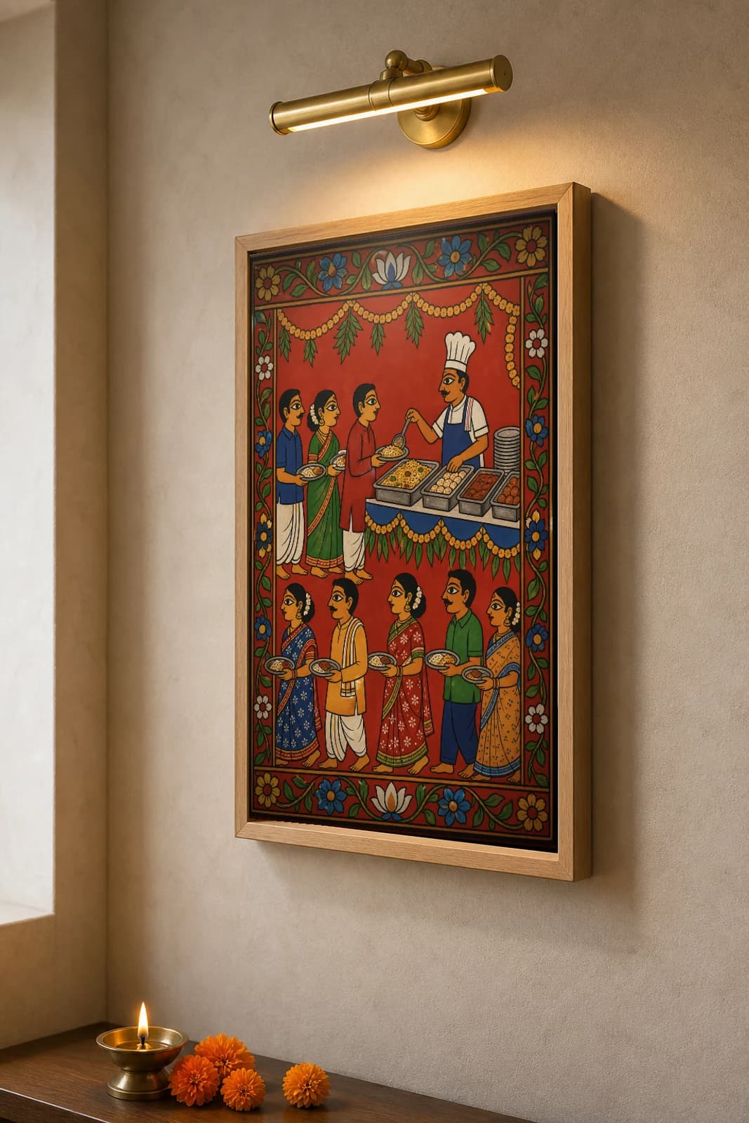 Wedding Buffet Row Cheriyal Print — guests queue with plates as the chef serves from chafing trays under the marigold mandap · collector edition on vermilion ground · Nakashi scroll grammar from Telangana — the framed print shown at a three-quarter angle on a styled gallery wall in a natural-oak frame