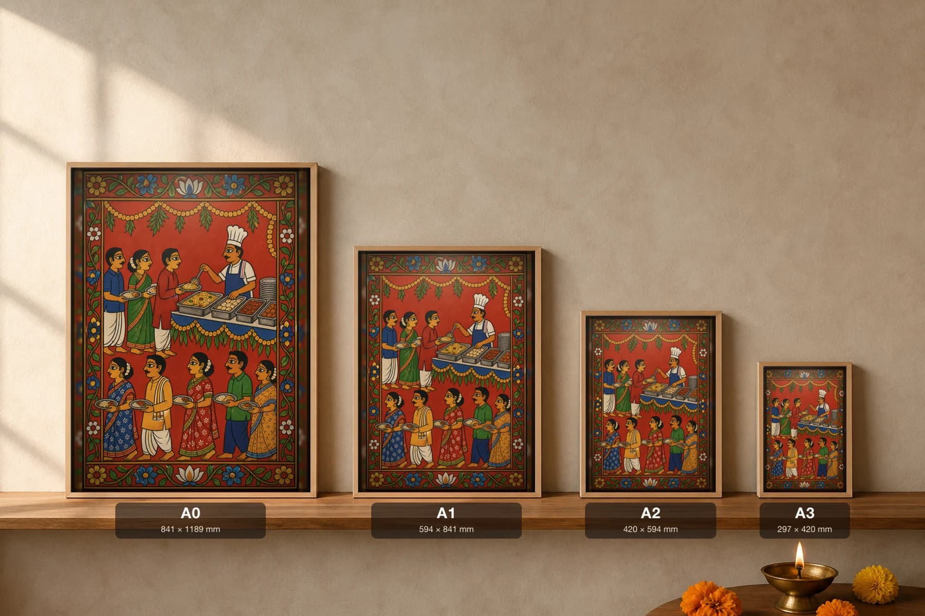 Wedding Buffet Row Cheriyal Print — guests queue with plates as the chef serves from chafing trays under the marigold mandap · collector edition on vermilion ground · Nakashi scroll grammar from Telangana — print size guide showing the artwork at A0, A1, A2 and A3 in natural-oak frames at true relative scale