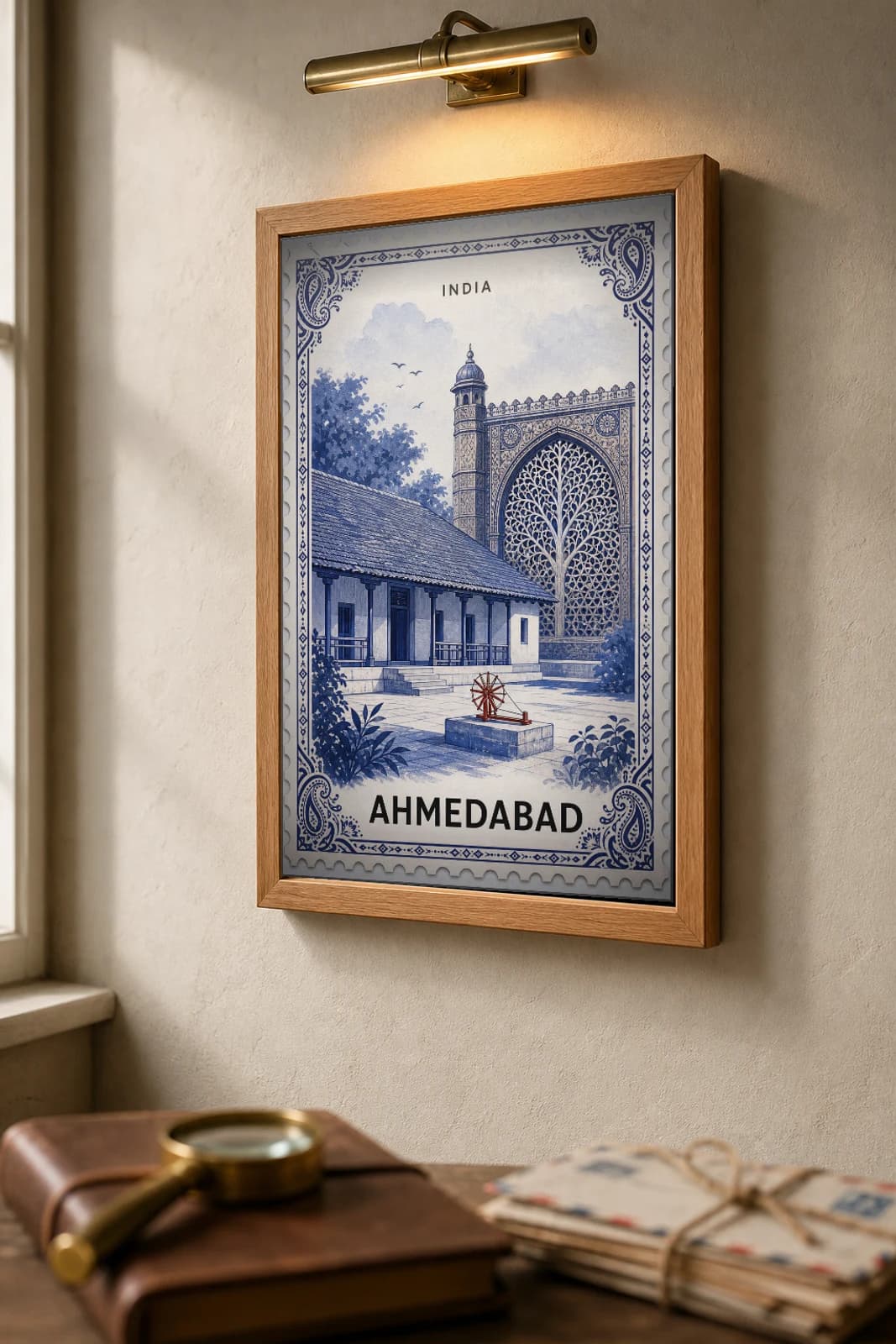 Ahmedabad City Stamp Poster — India travel wall art · illustrated stamp print · framed A2 — the framed print shown at a three-quarter angle on a styled gallery wall in a natural-oak frame