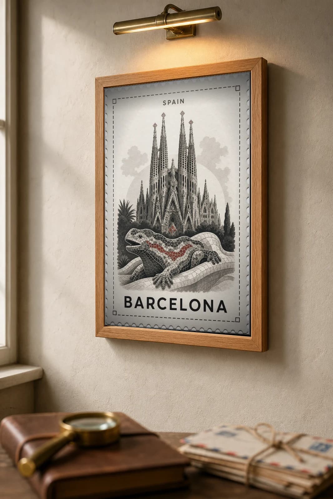 Barcelona City Stamp Poster — Spain travel wall art · illustrated stamp print · framed A2 — the framed print shown at a three-quarter angle on a styled gallery wall in a natural-oak frame