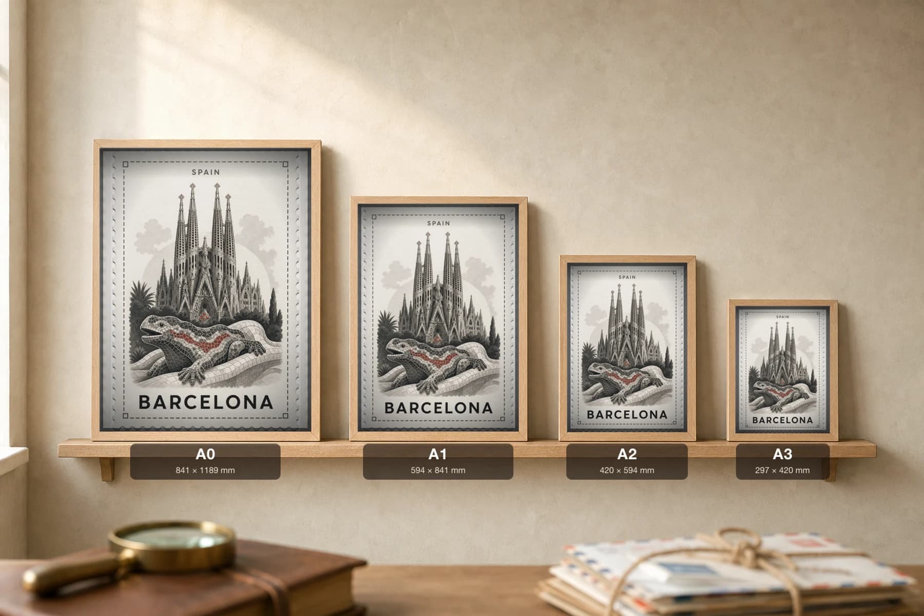 Barcelona City Stamp Poster — Spain travel wall art · illustrated stamp print · framed A2 — print size guide showing the artwork at A0, A1, A2 and A3 in natural-oak frames at true relative scale