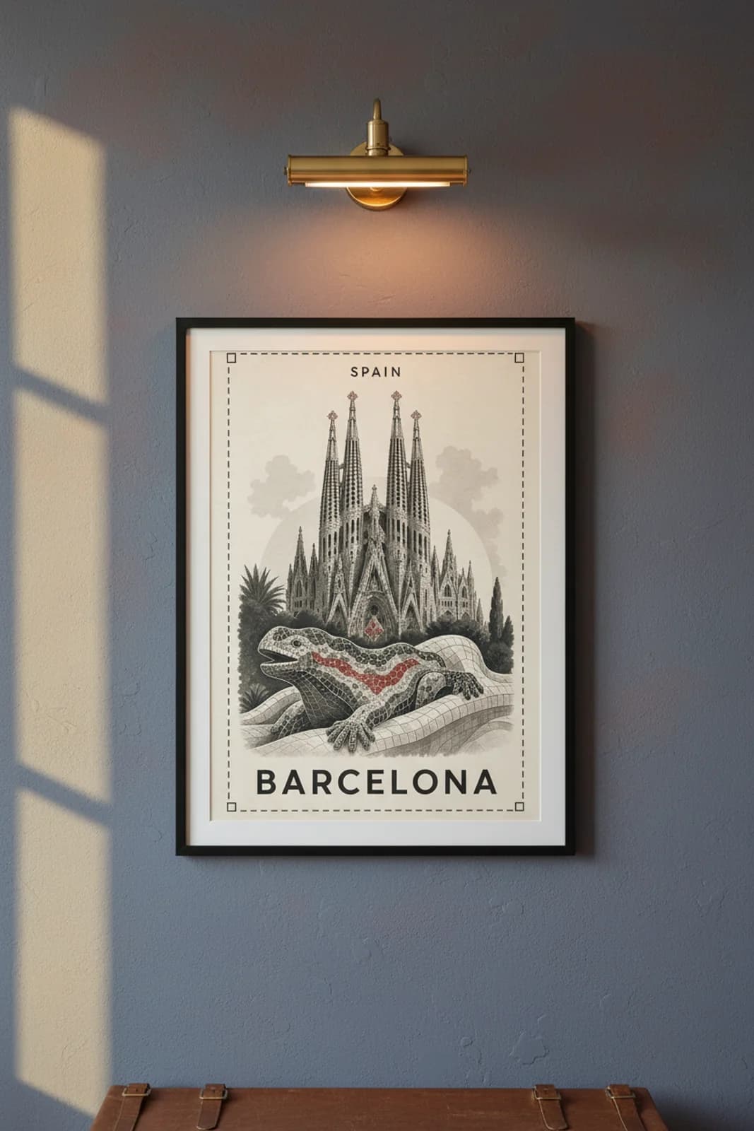 Barcelona city stamp print in black A2 frame on wcs-europe-9975 postage-indigo wall — City Stamps mockup