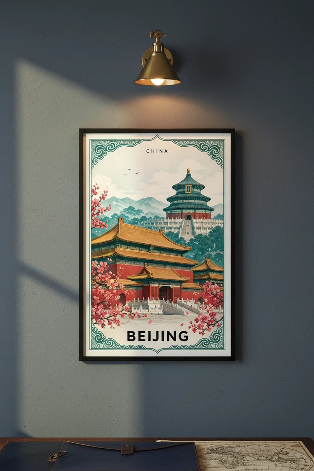 Beijing city stamp print in black A2 frame on wcs-asia-6673 postage-indigo wall — City Stamps mockup