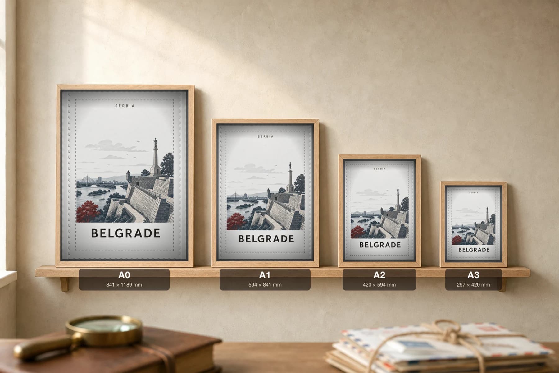 Belgrade City Stamp Poster — Serbia travel wall art · illustrated stamp print · framed A2 — print size guide showing the artwork at A0, A1, A2 and A3 in natural-oak frames at true relative scale