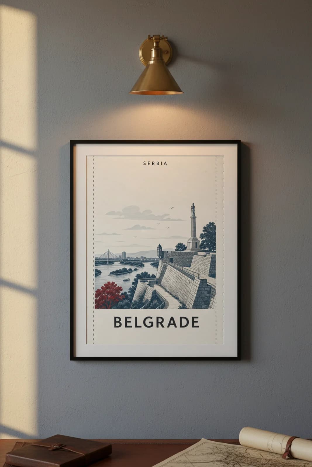 Belgrade city stamp print in black A2 frame on wcs-europe-8948 postage-indigo wall — City Stamps mockup