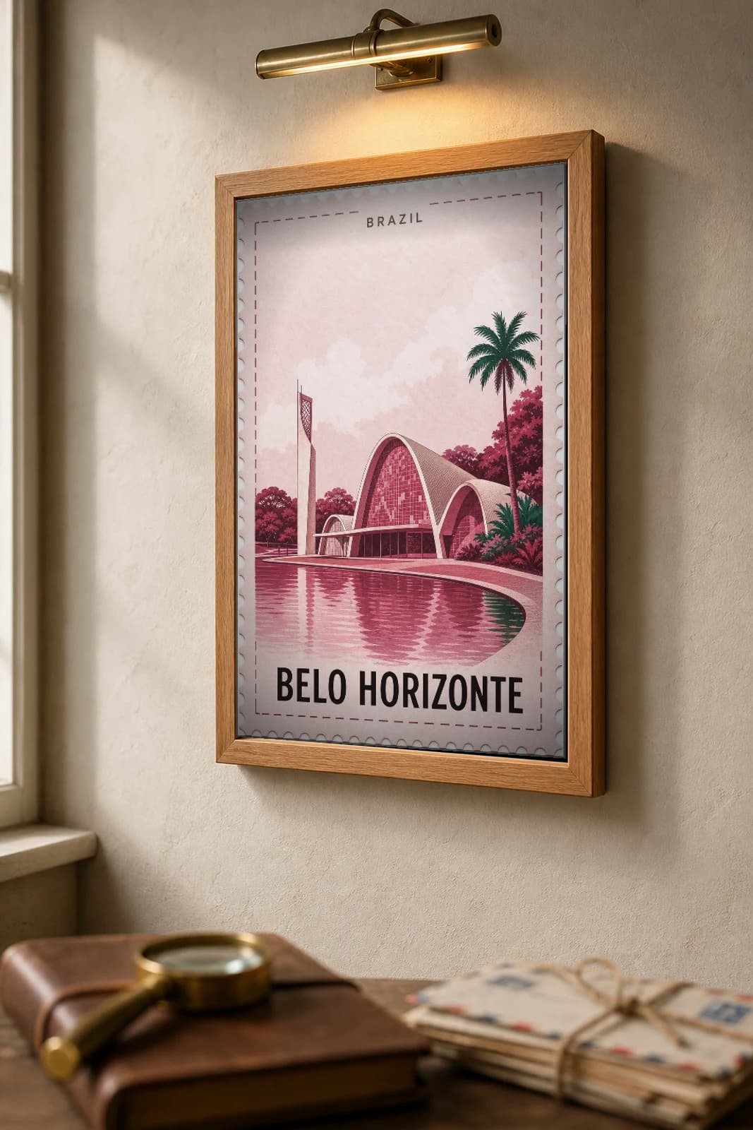 Belo Horizonte City Stamp Poster — Brazil travel wall art · illustrated stamp print · framed A2 — the framed print shown at a three-quarter angle on a styled gallery wall in a natural-oak frame